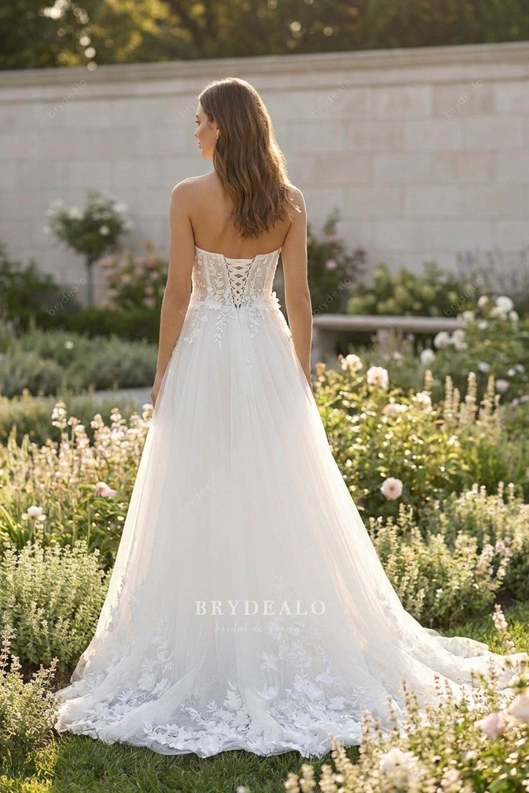 strapless corset floral lace wedding dress