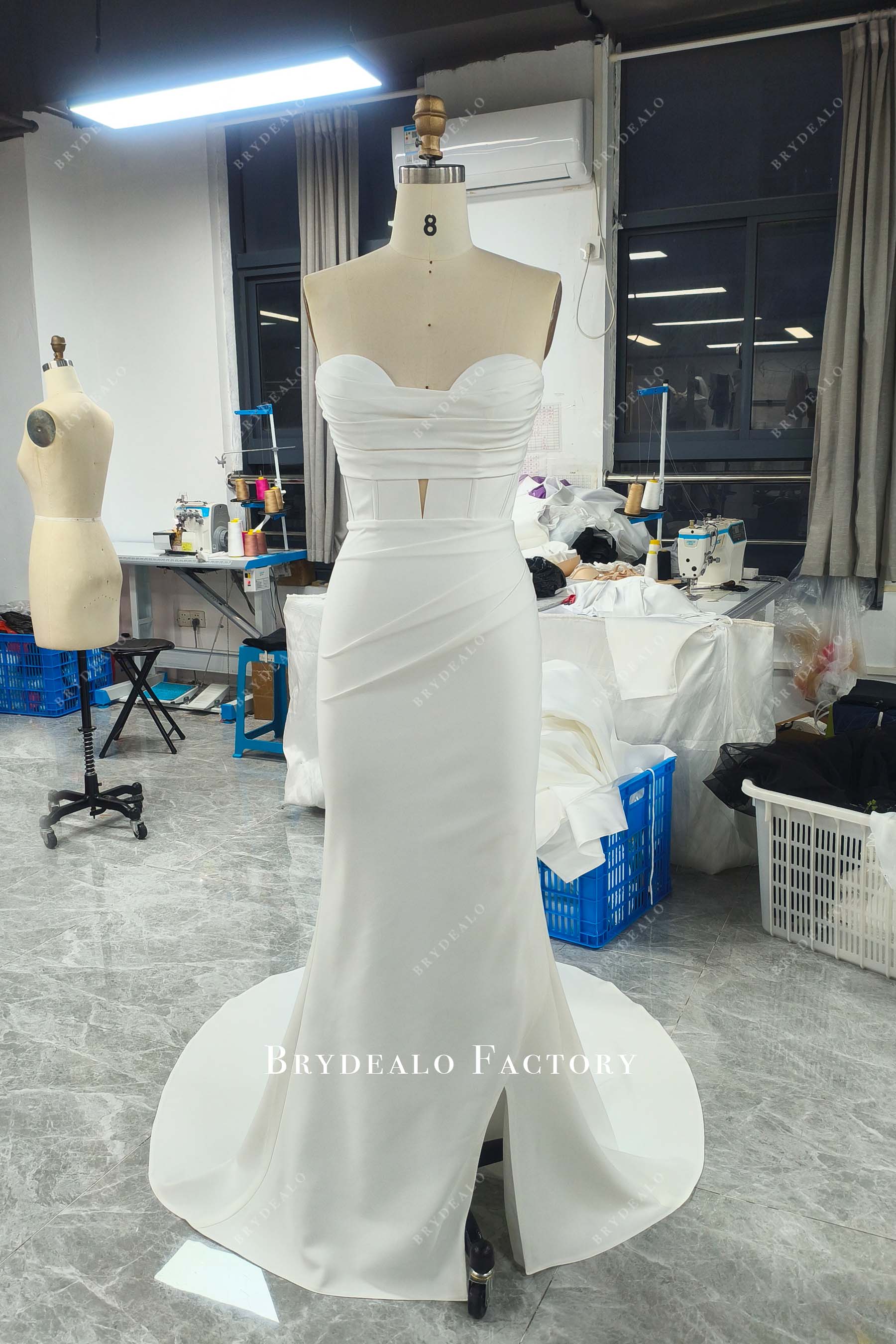 Tailored Strapless Corset Mermaid Lower Slit Crepe Bridal Dress Light Ivory / Floor Length Without A Train