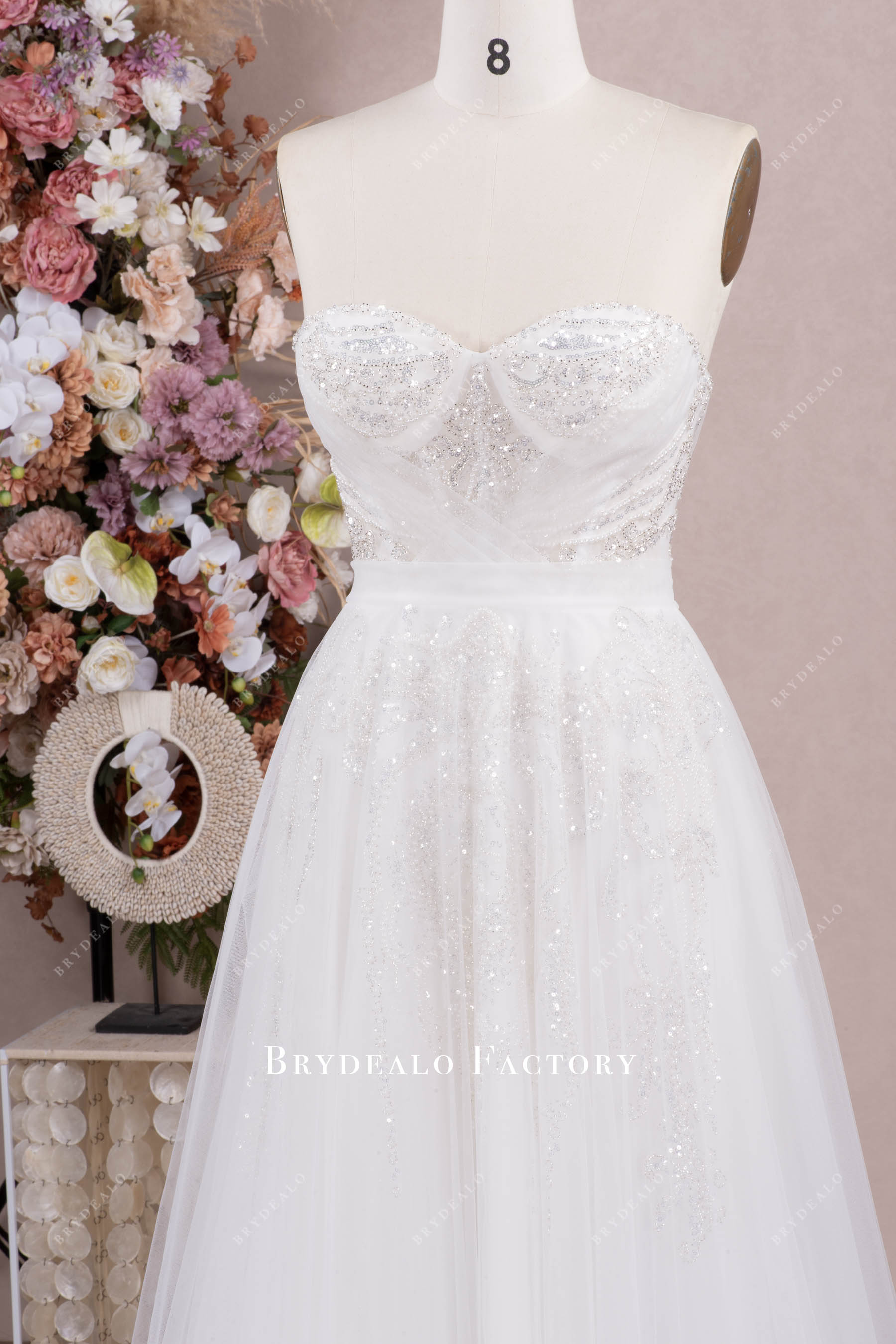 Sparkly Beaded Sequin A-line Sweep Train Bridal Dress