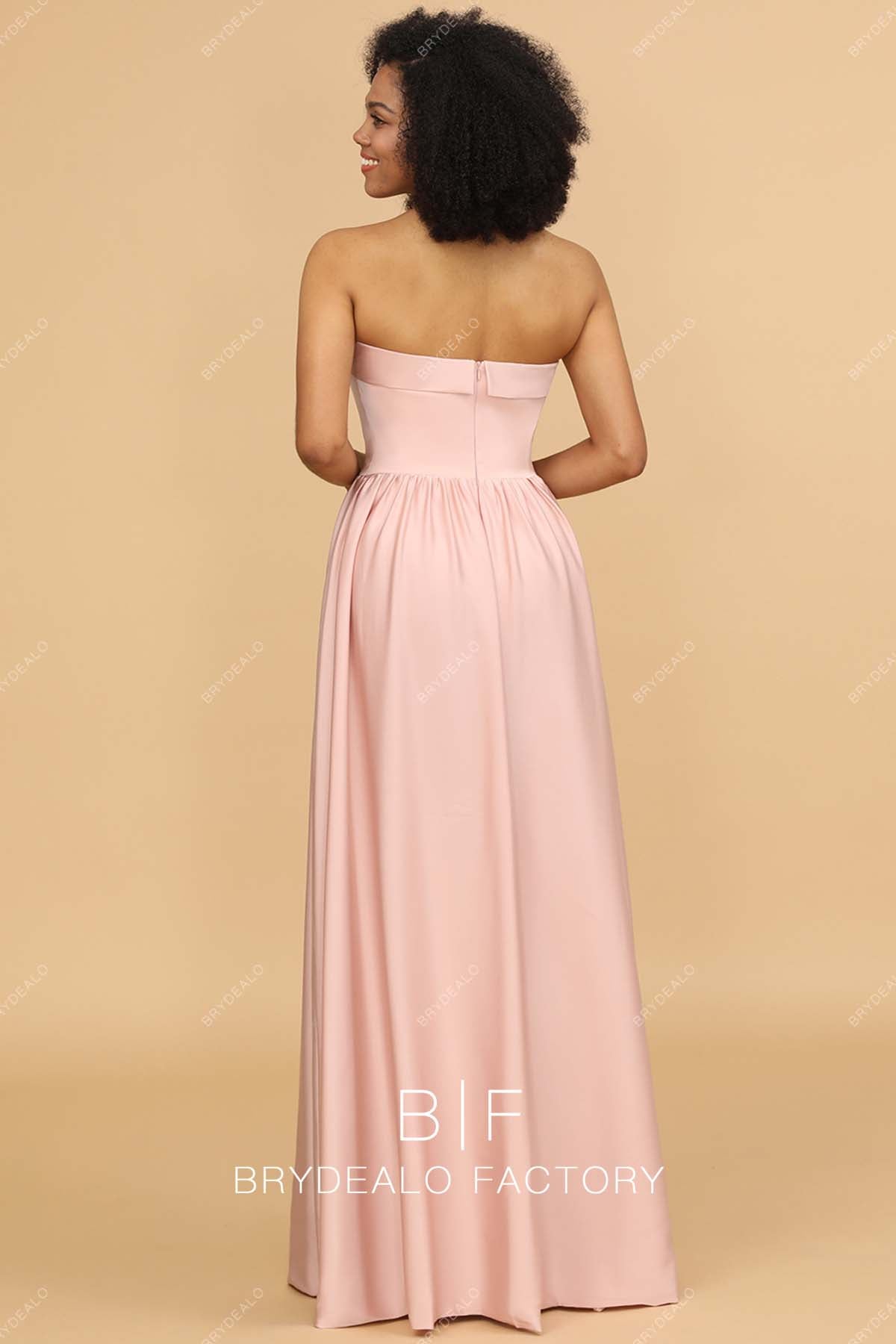 open back strapless floor length bridesmaid gown