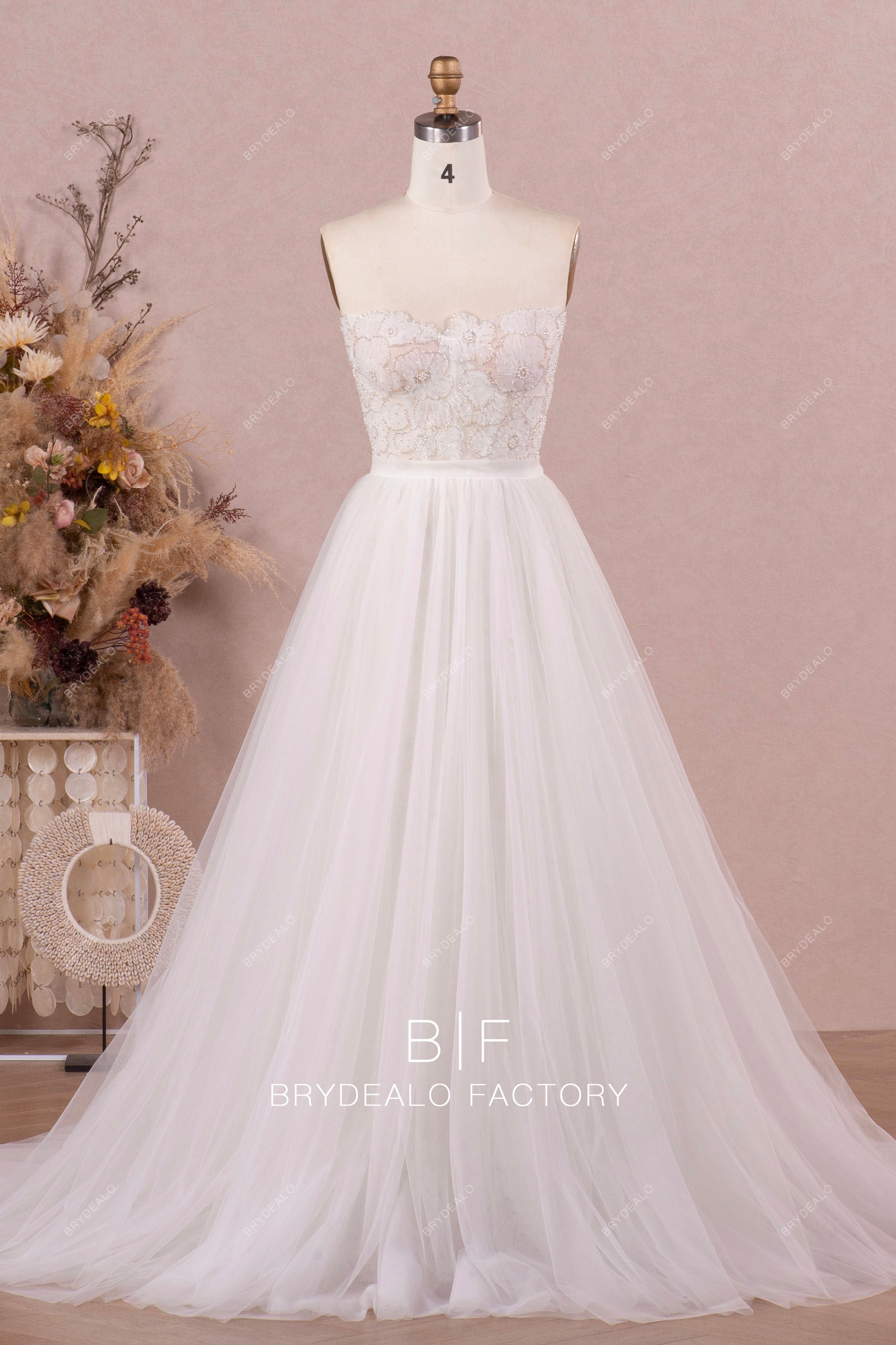 strapless flower lace tulle wedding dress