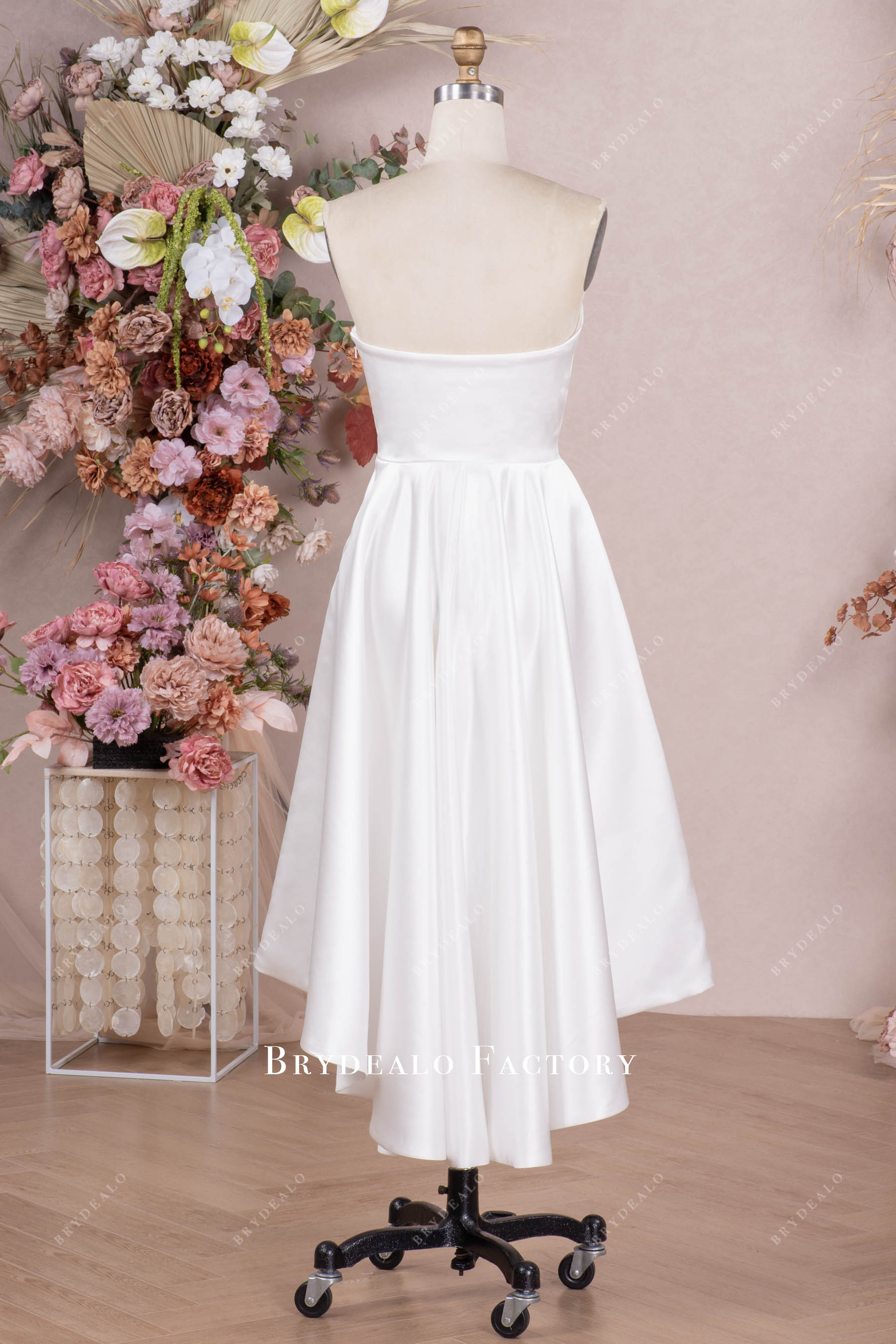 strapless hi-lo satin short wedding dress