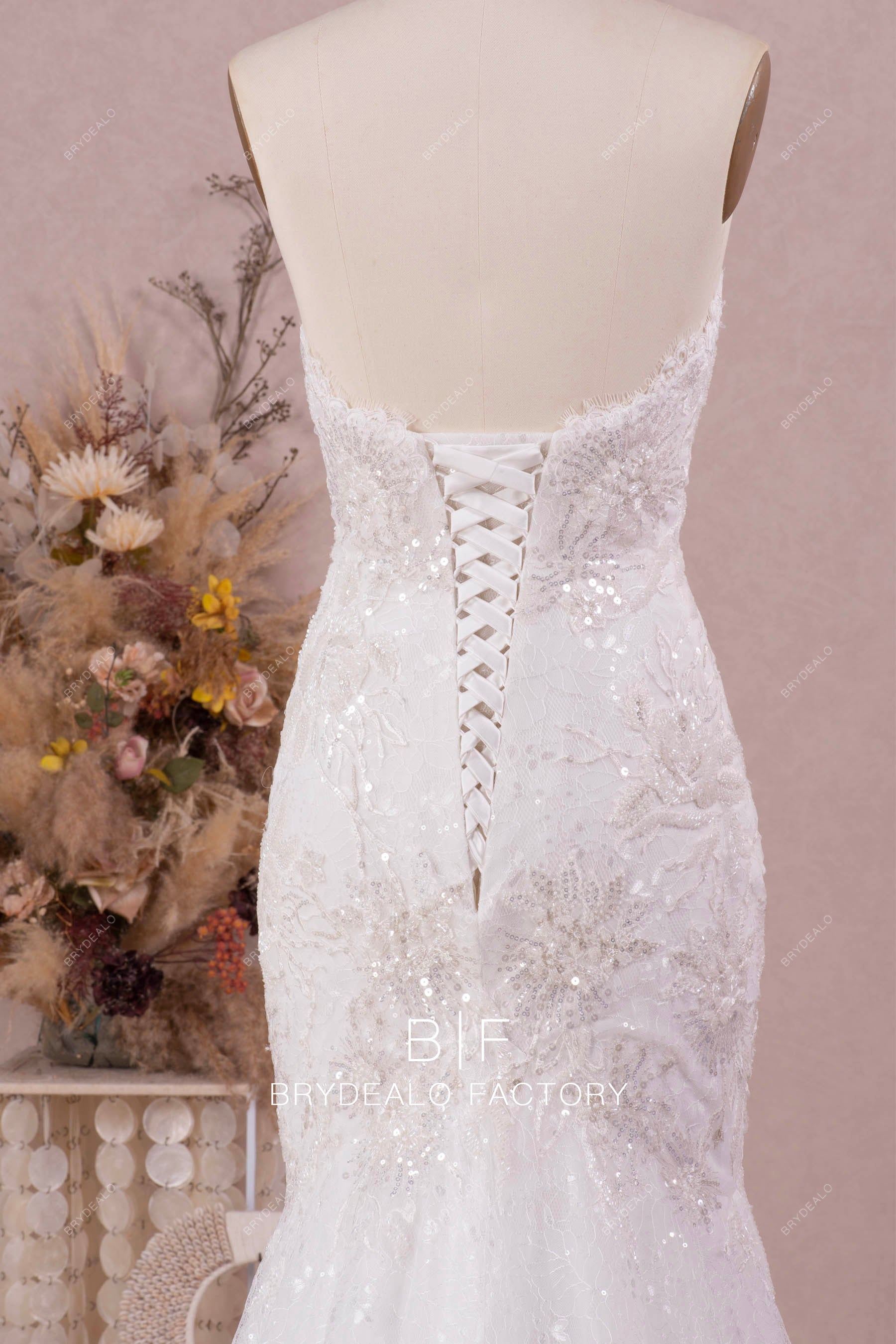 strapless lace up back wedding dress