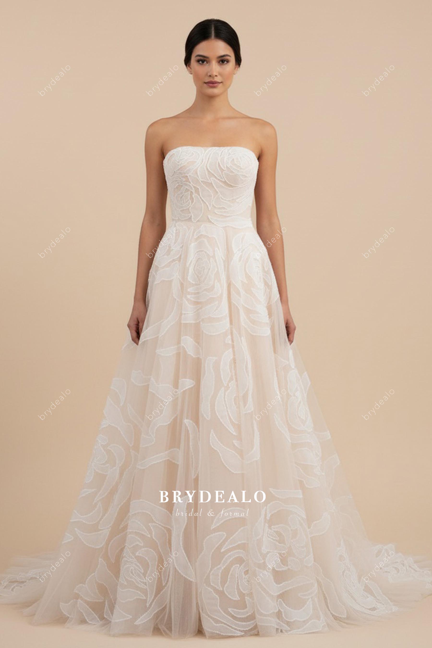 strapless nude large flower wedding dress
