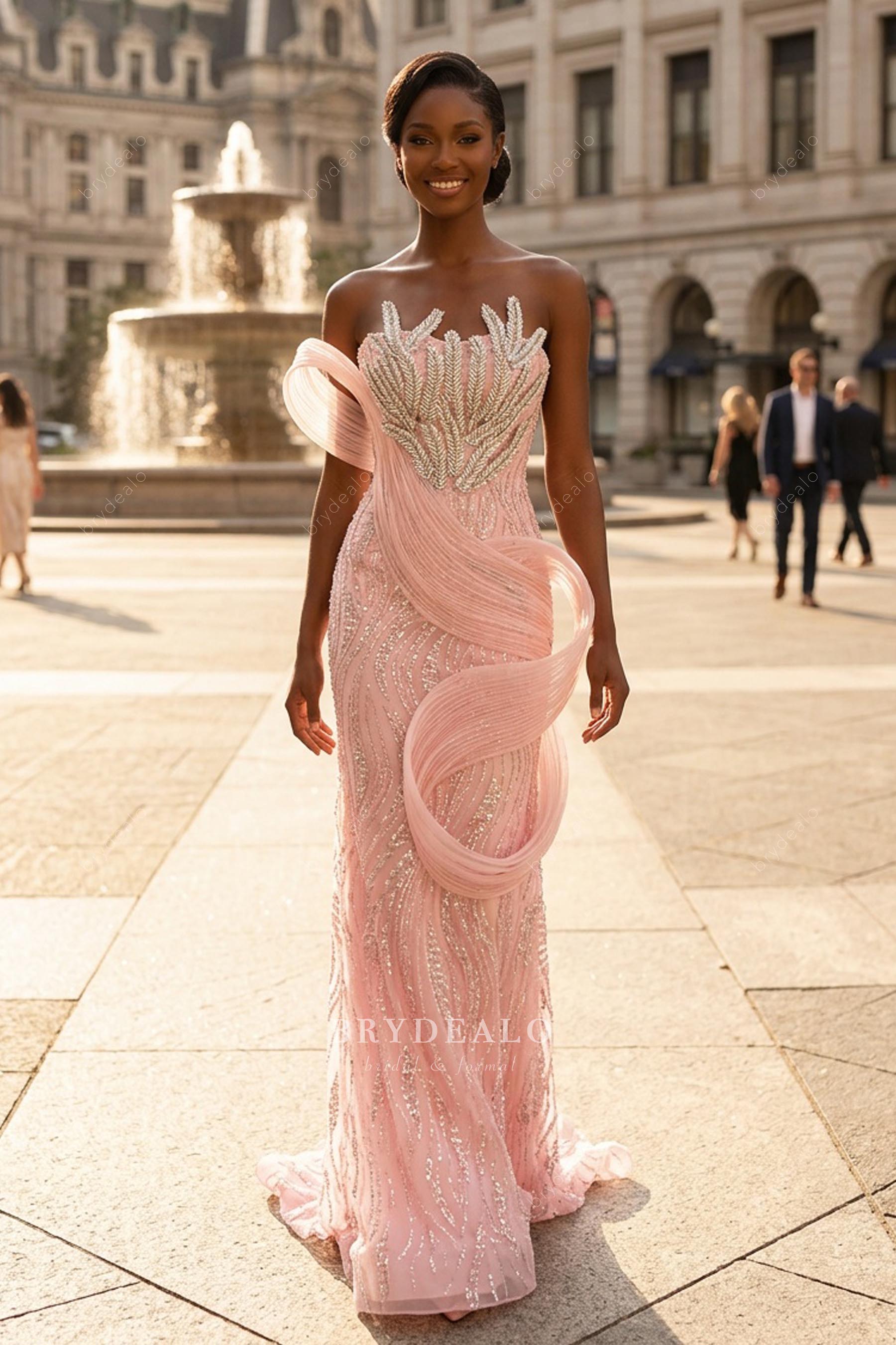 Pink Structure Panel Beaded Lace Mermaid Prom Dress Pink Structure Panel Beaded Lace Mermaid Prom Dress
