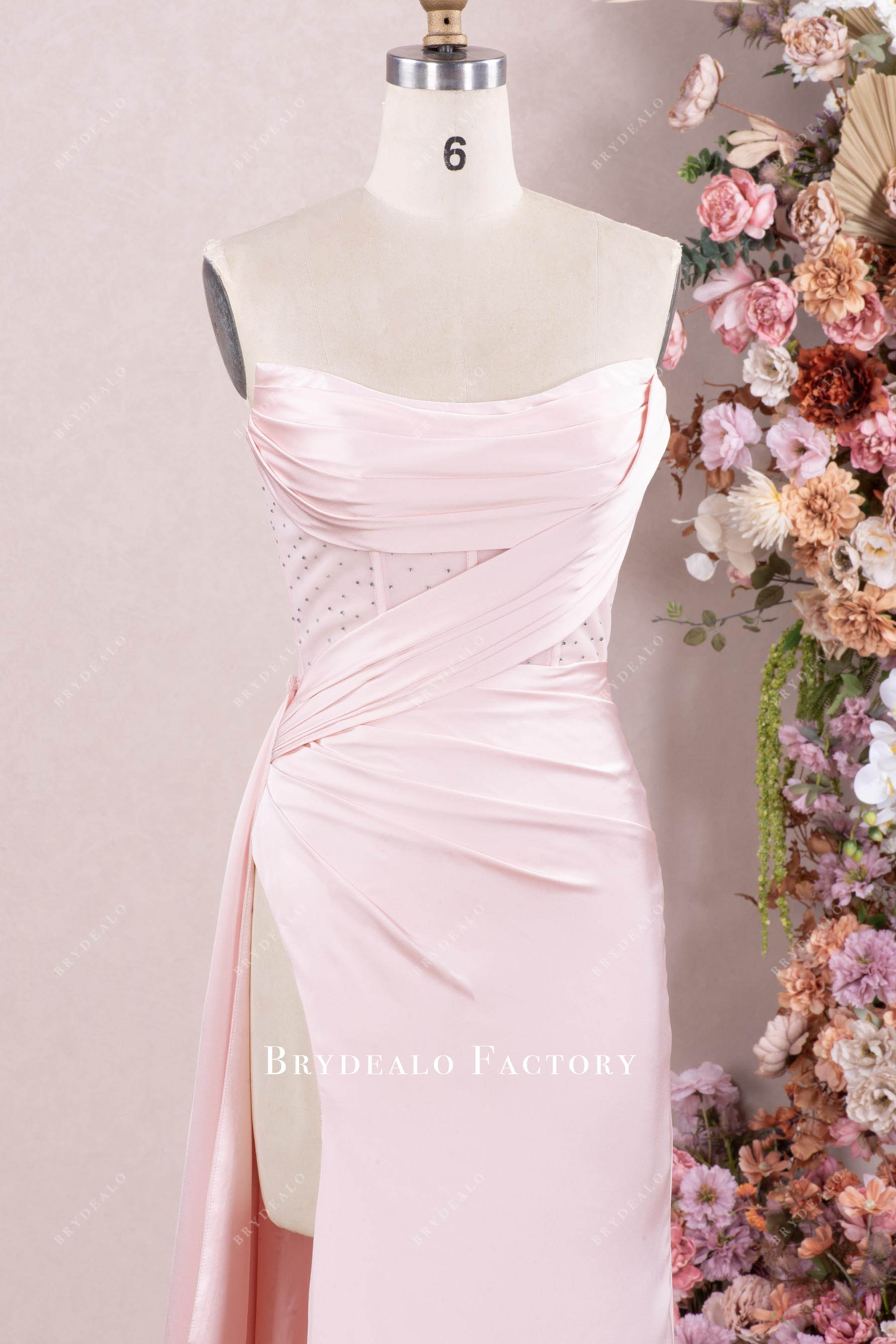strapless pleated curved neck prom dress