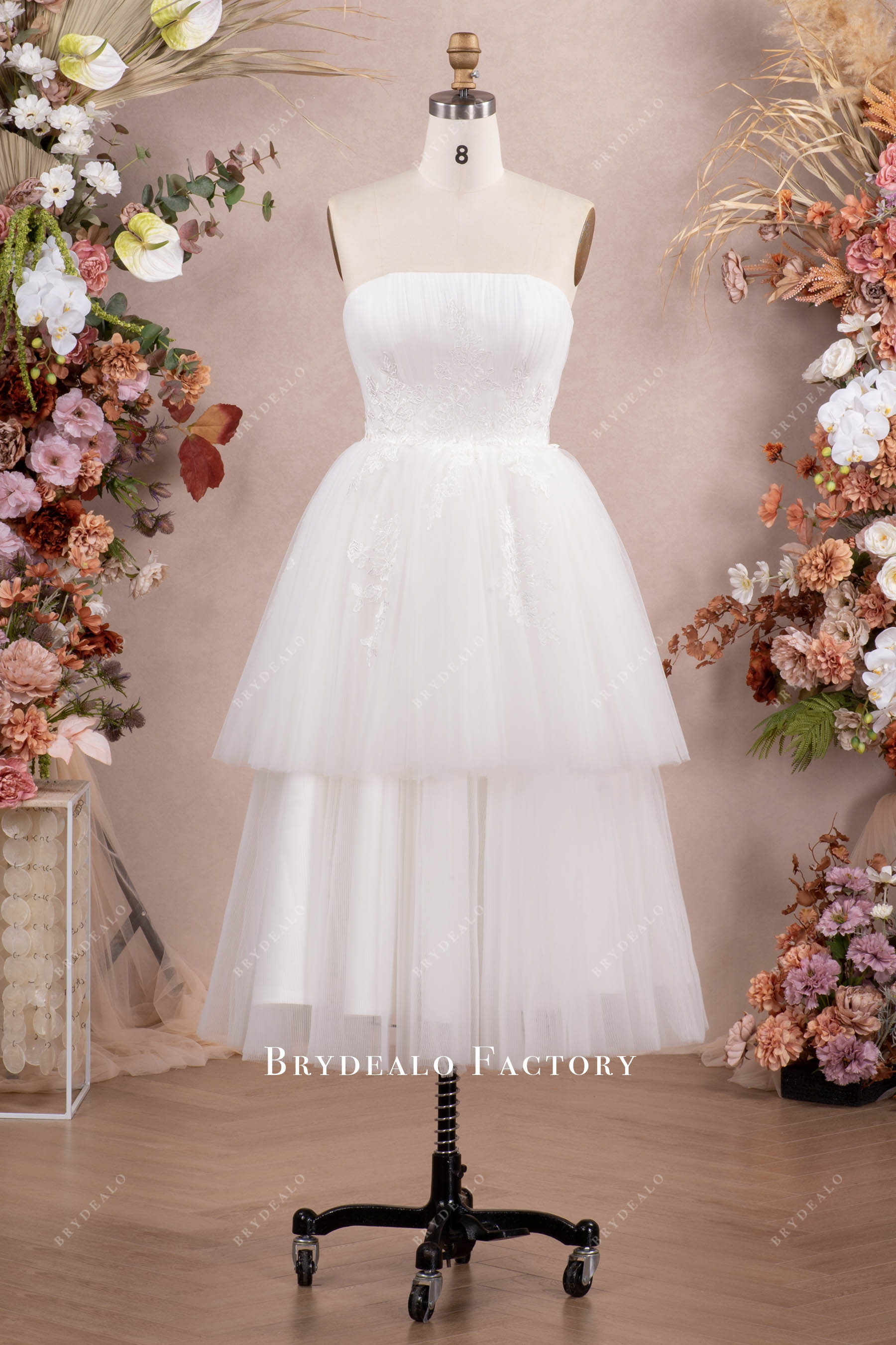 strapless pleated tulle short wedding dress