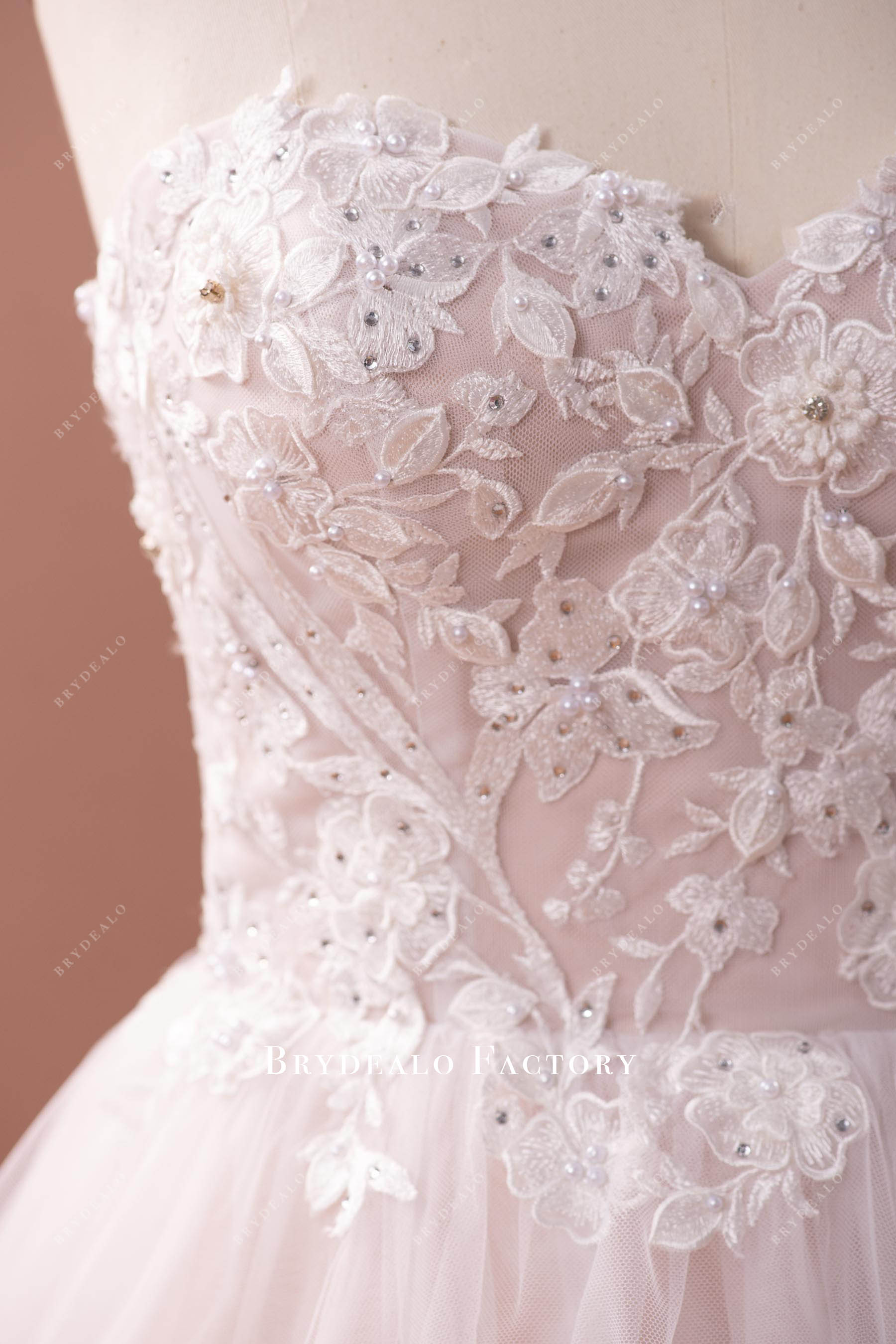 strapless rhinestone lace wedding gown