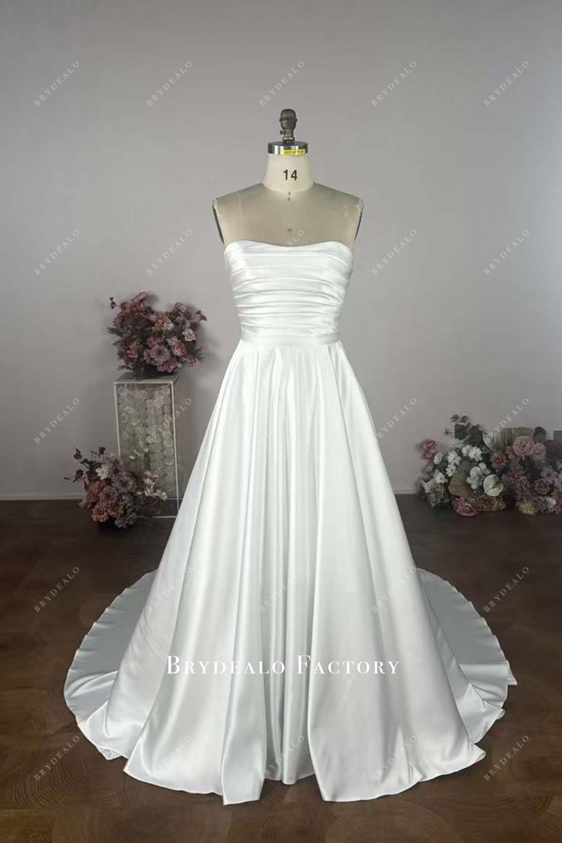 strapless ruched satin overskirt wedding dress