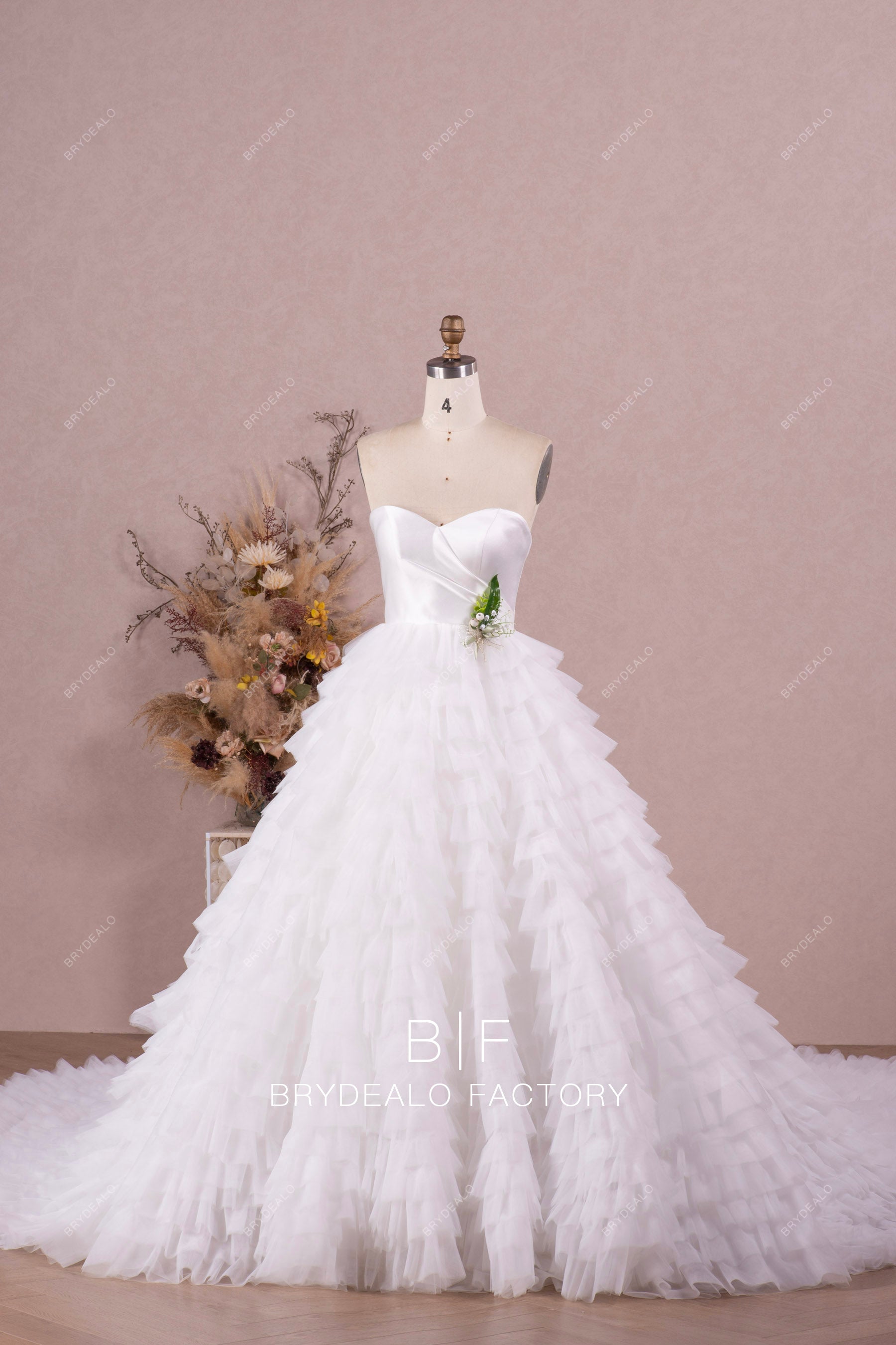 strapless ruffled tulle wedding ballgown