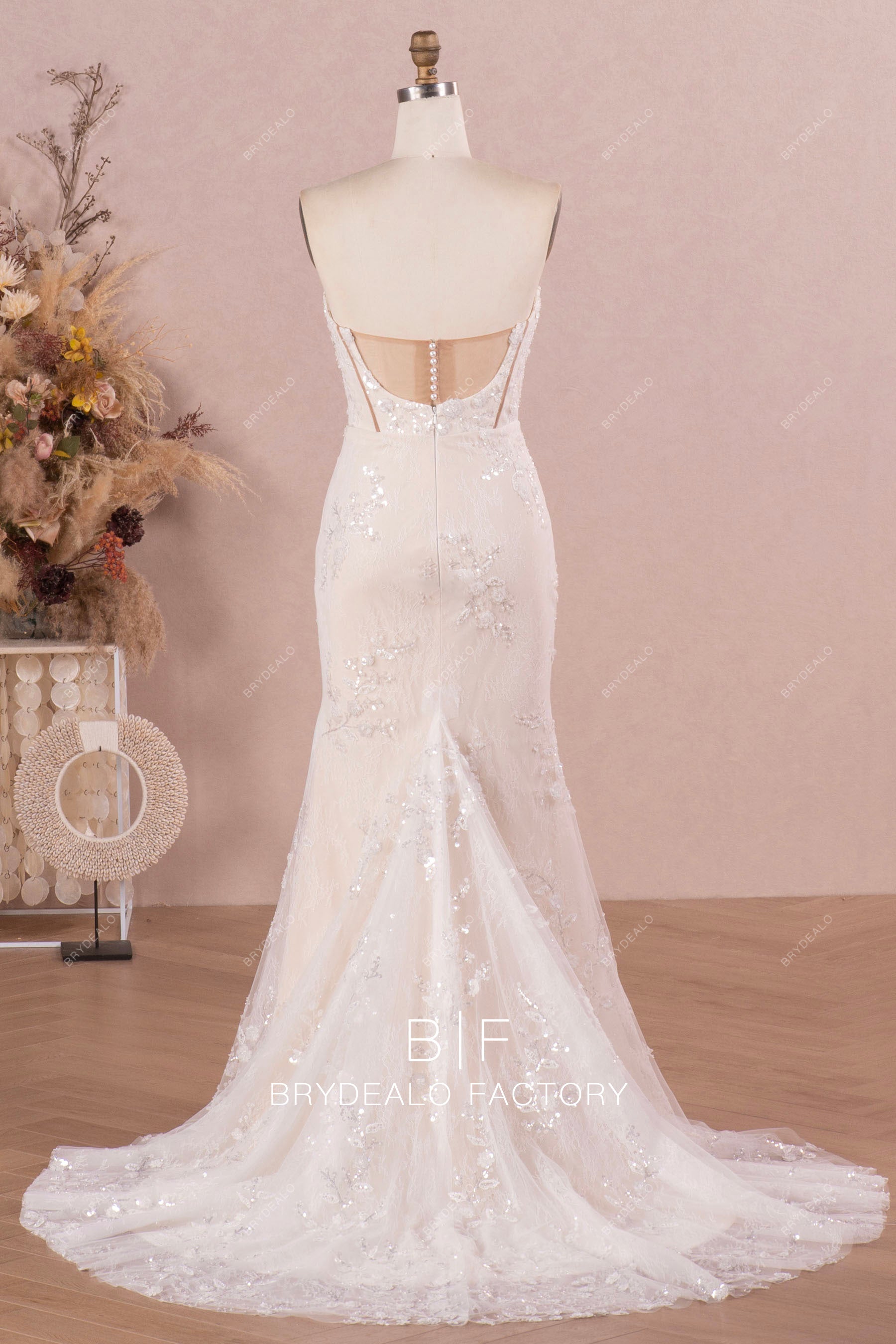 strapless sparkly lace godet wedding dress