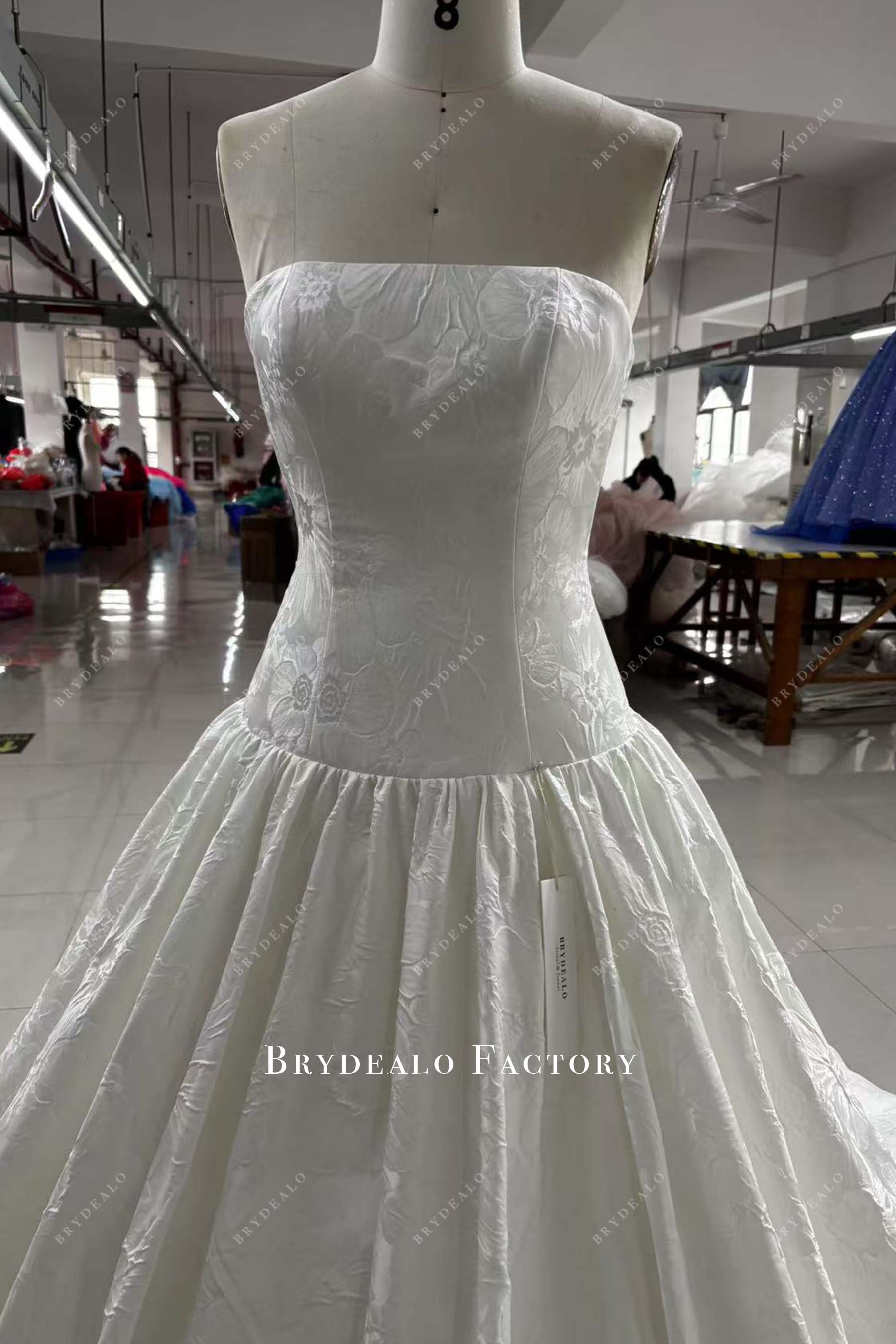 Custom Textured Strapless Low Waist Puffy Wedding Dress