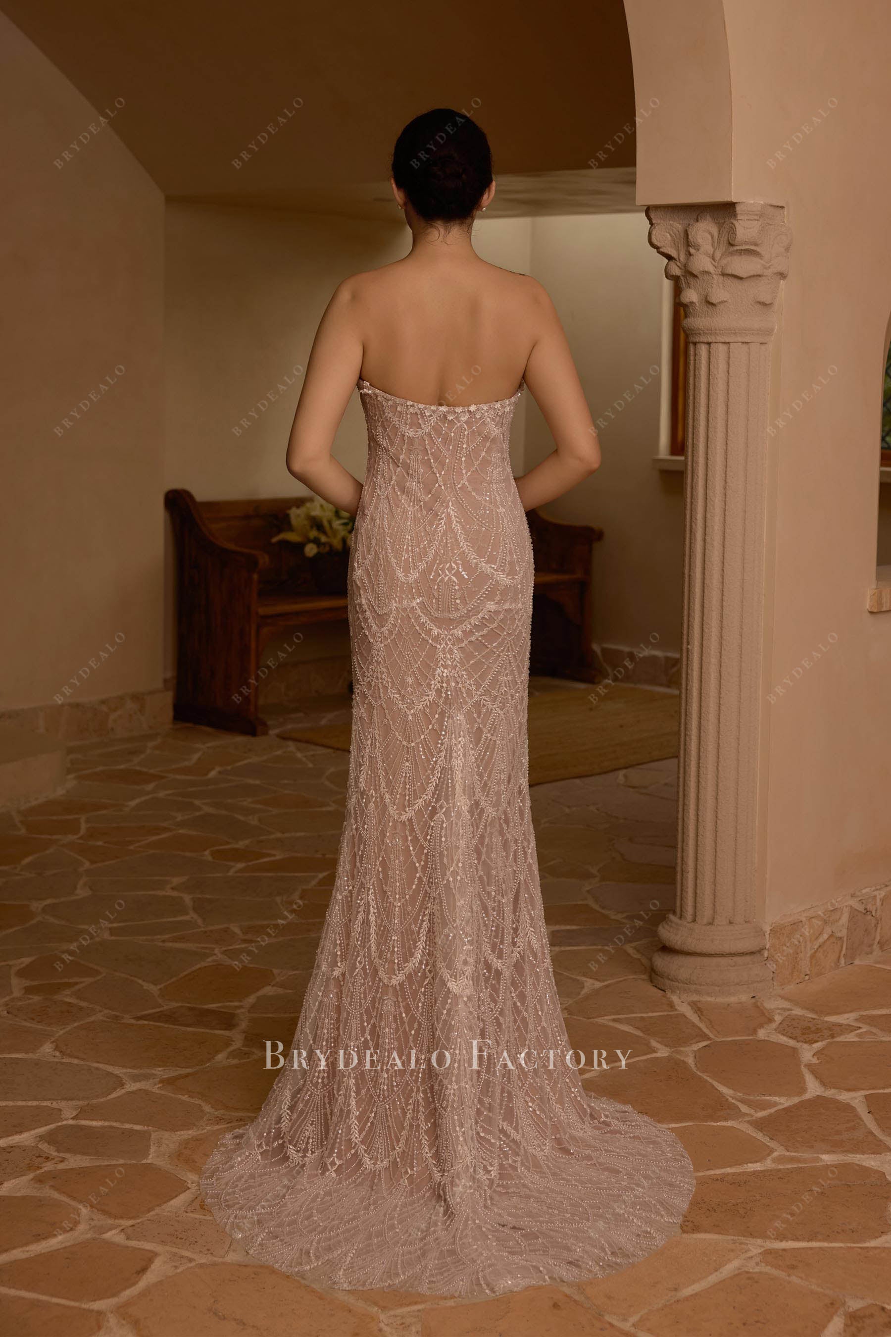 strapless sweep train lace wedding gown