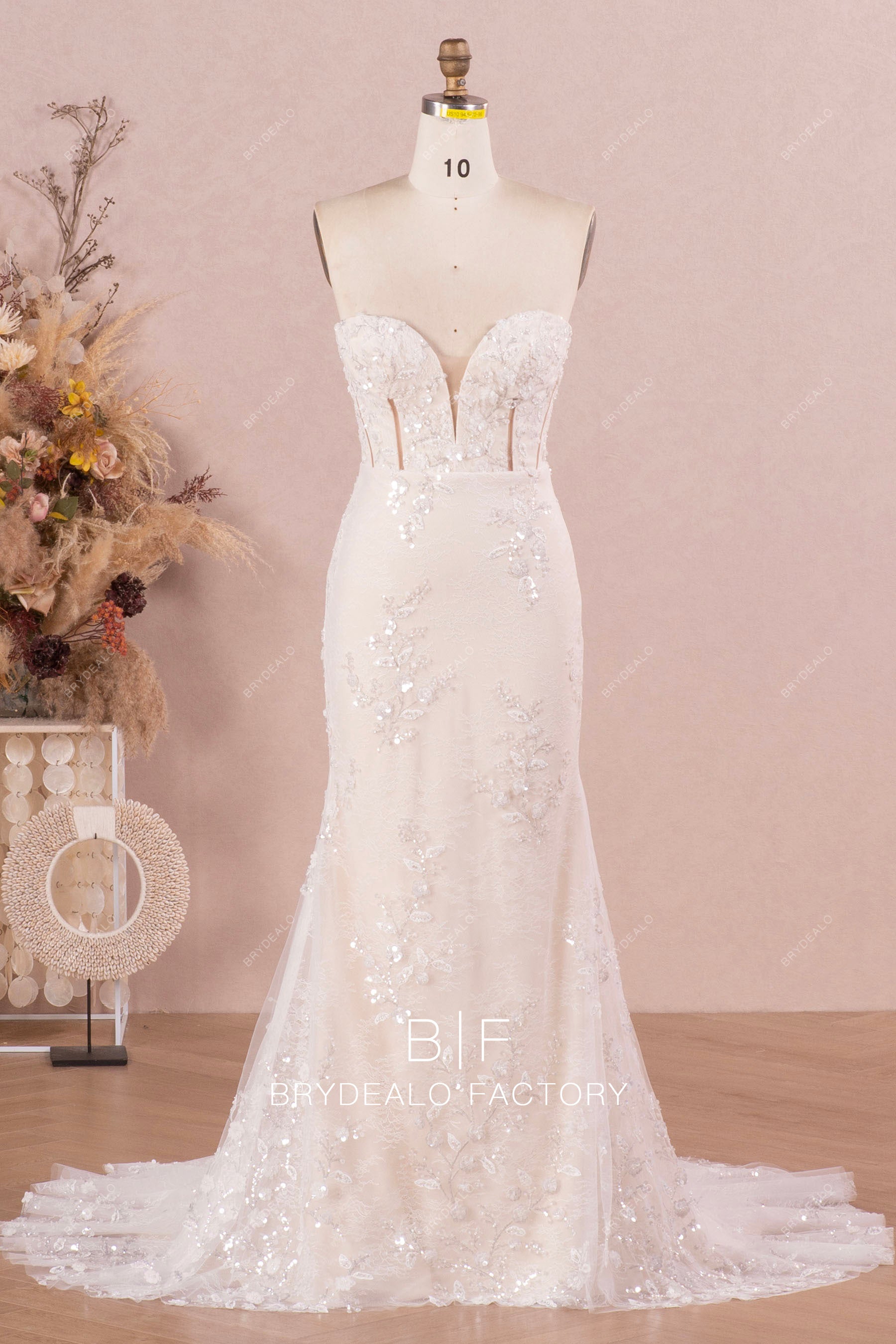 strapless sweetheart boned sparkly lace wedding dress