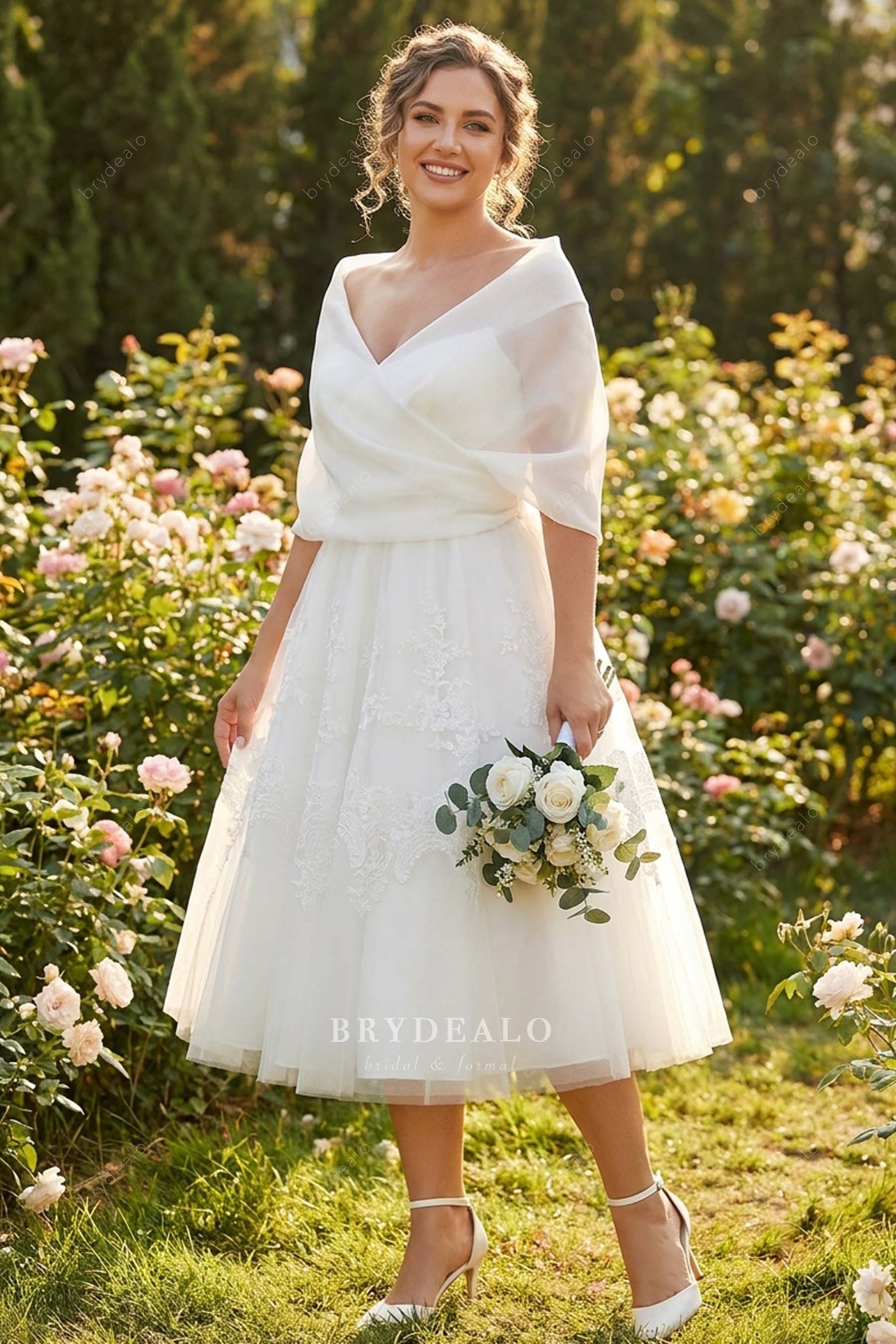 strapless tea-length bridal dress