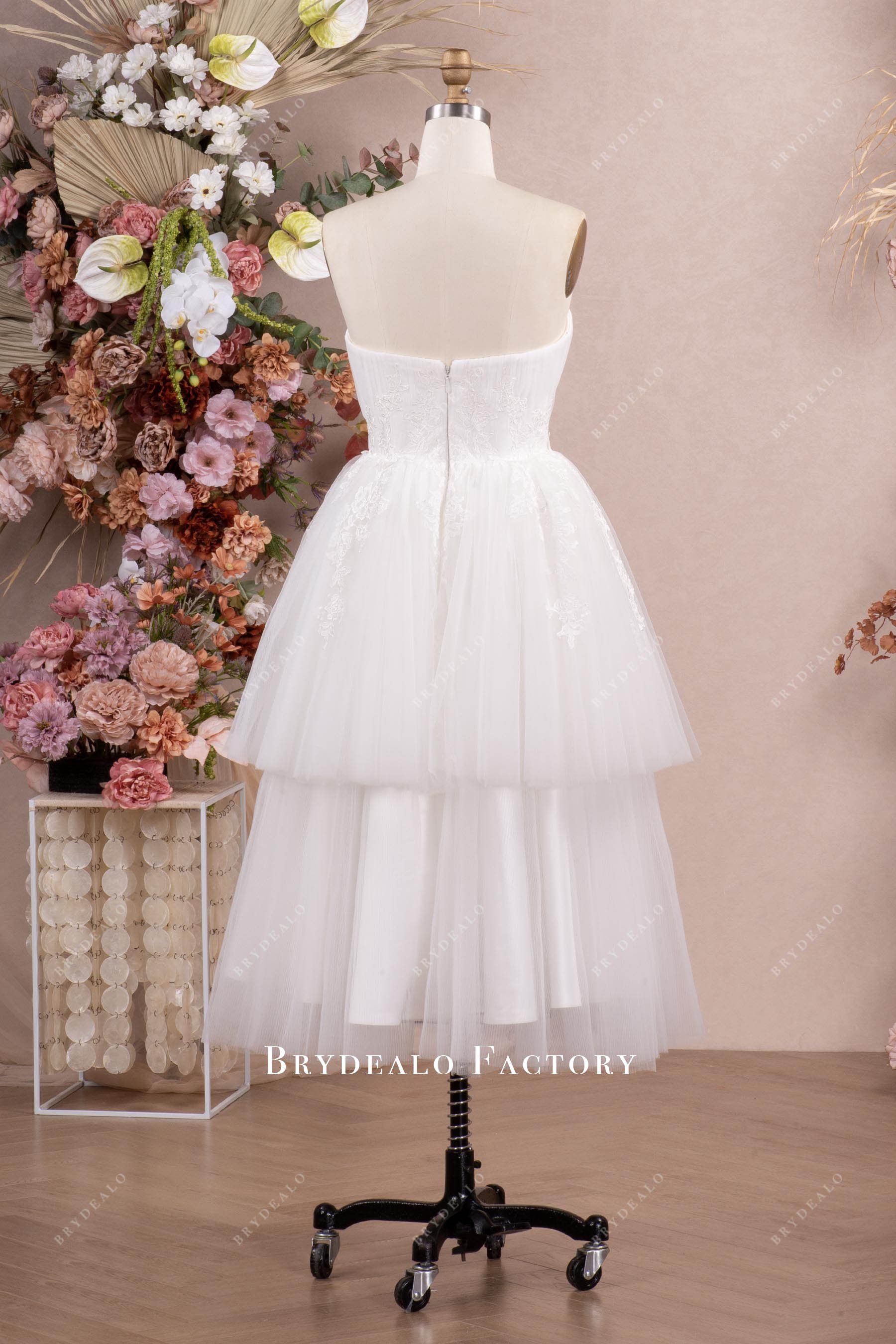 strapless tiered tulle short wedding dress