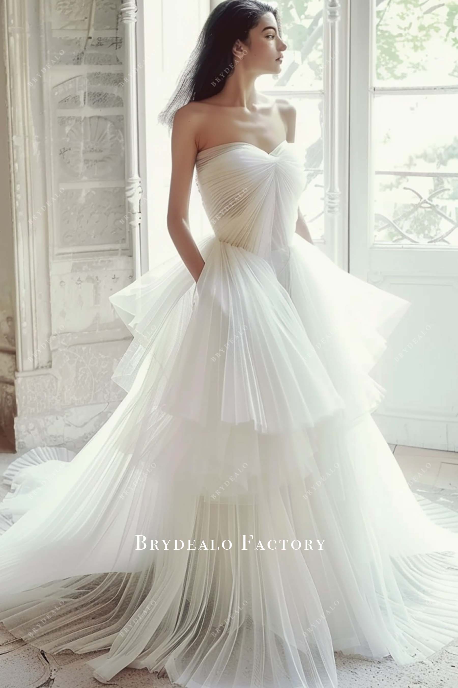 Strapless Pleated Tulle Modern Wedding Dress