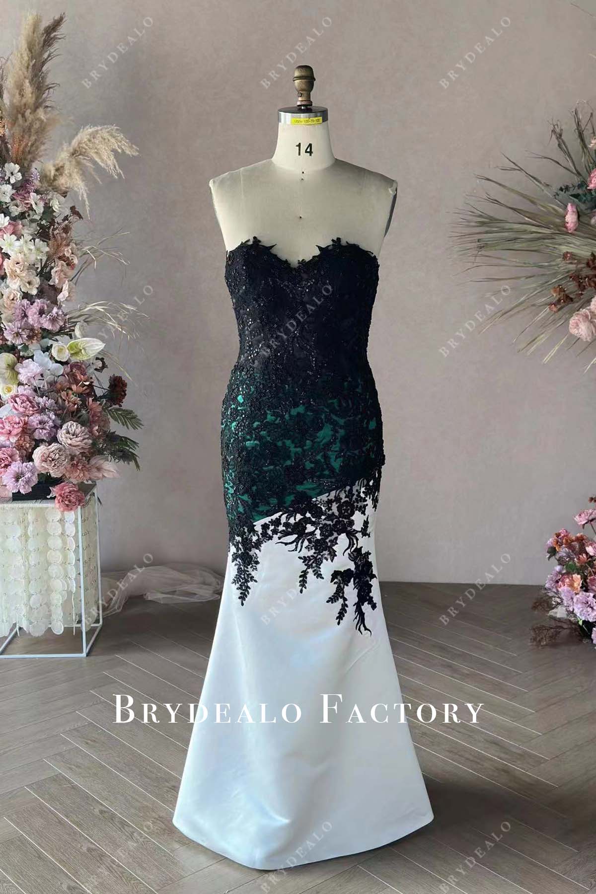 strapless sweetheart neck black lace white satin wedding dress