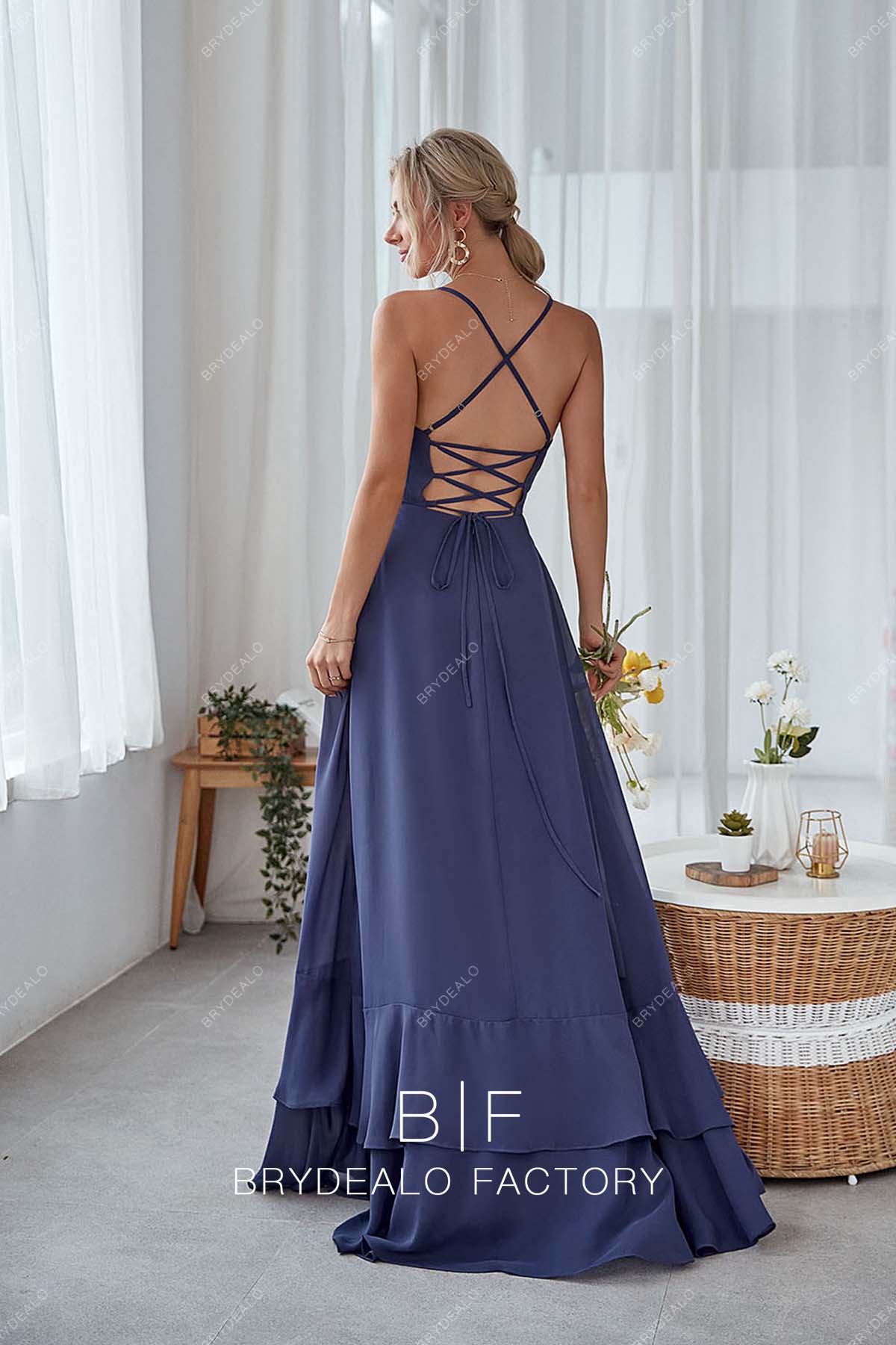 strappy back satin long bridesmaid dress