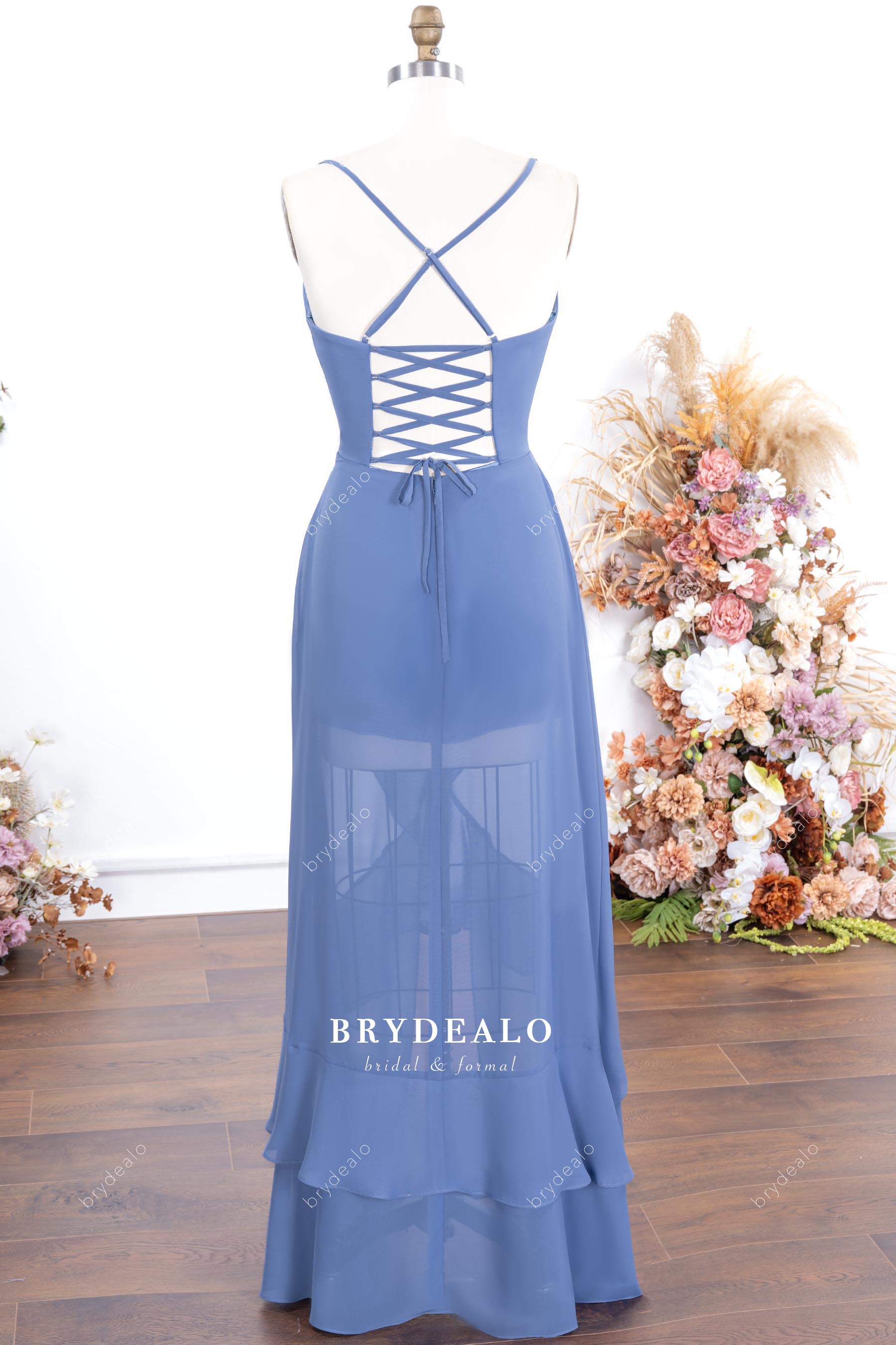 strappy back satin long bridesmaid dress