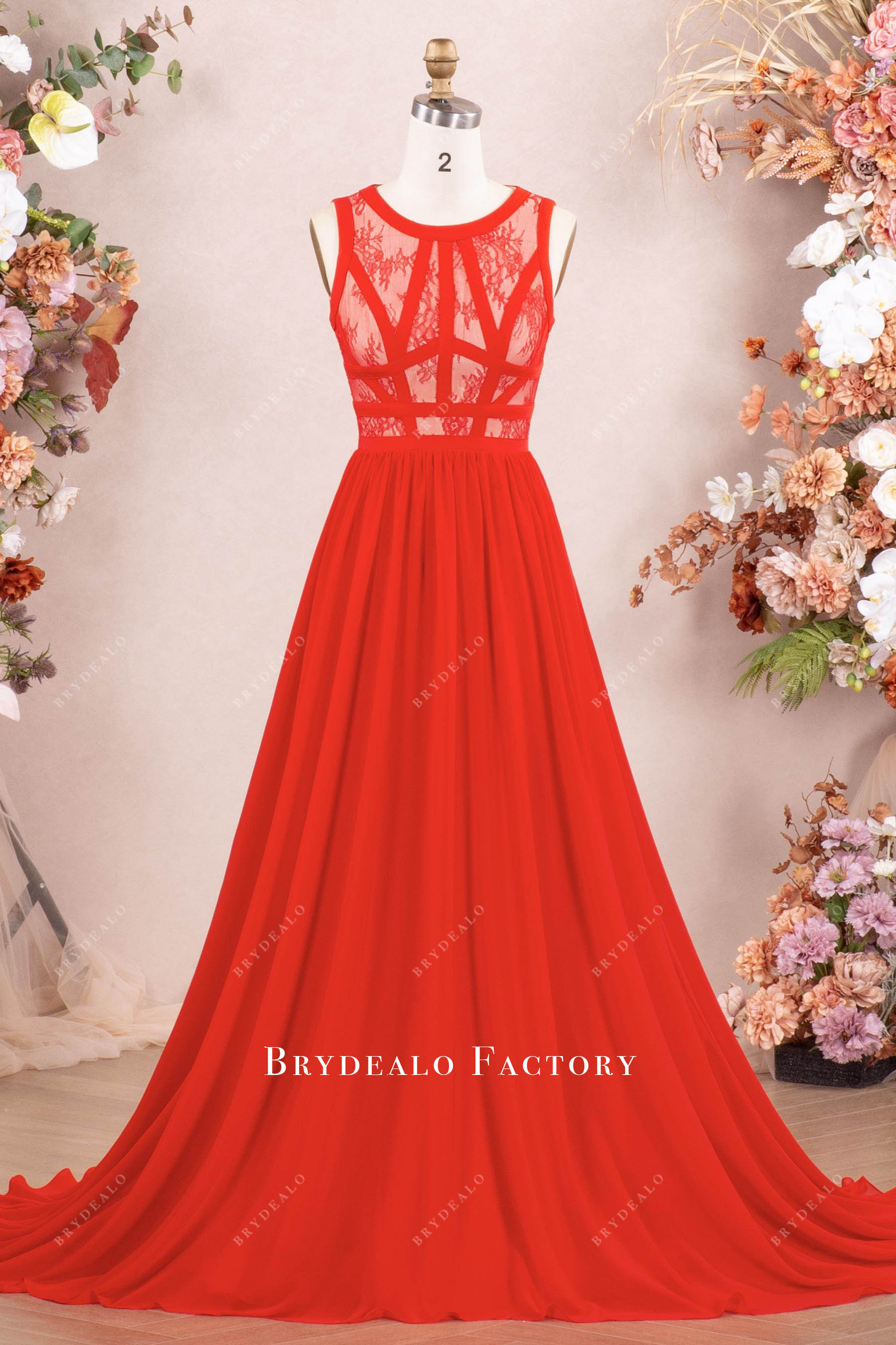 Designer Red Sleeveless Lace Chiffon Formal Dress Designer Red Sleeveless Lace Chiffon Formal Dress