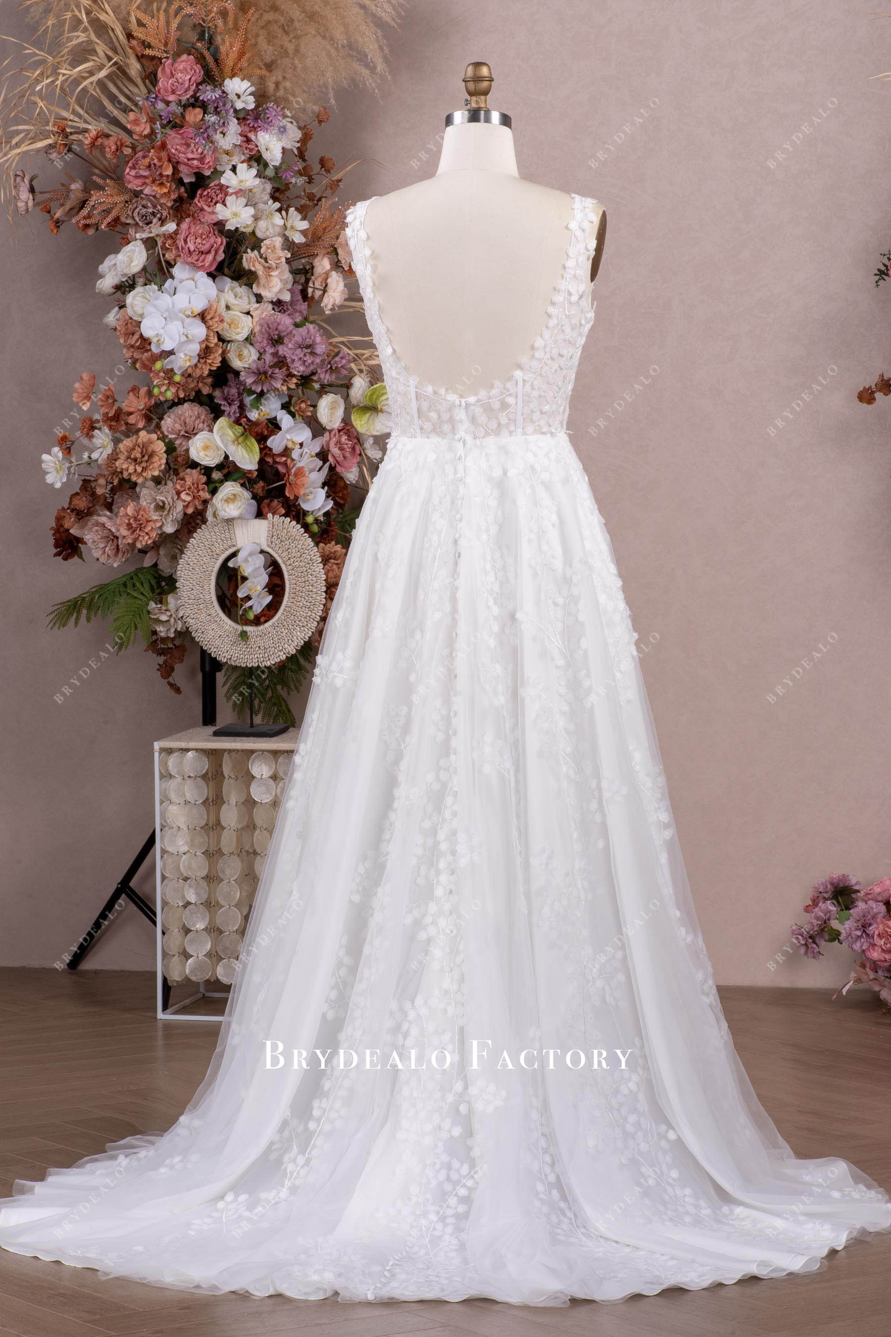 straps open back long lace tulle wedding gown