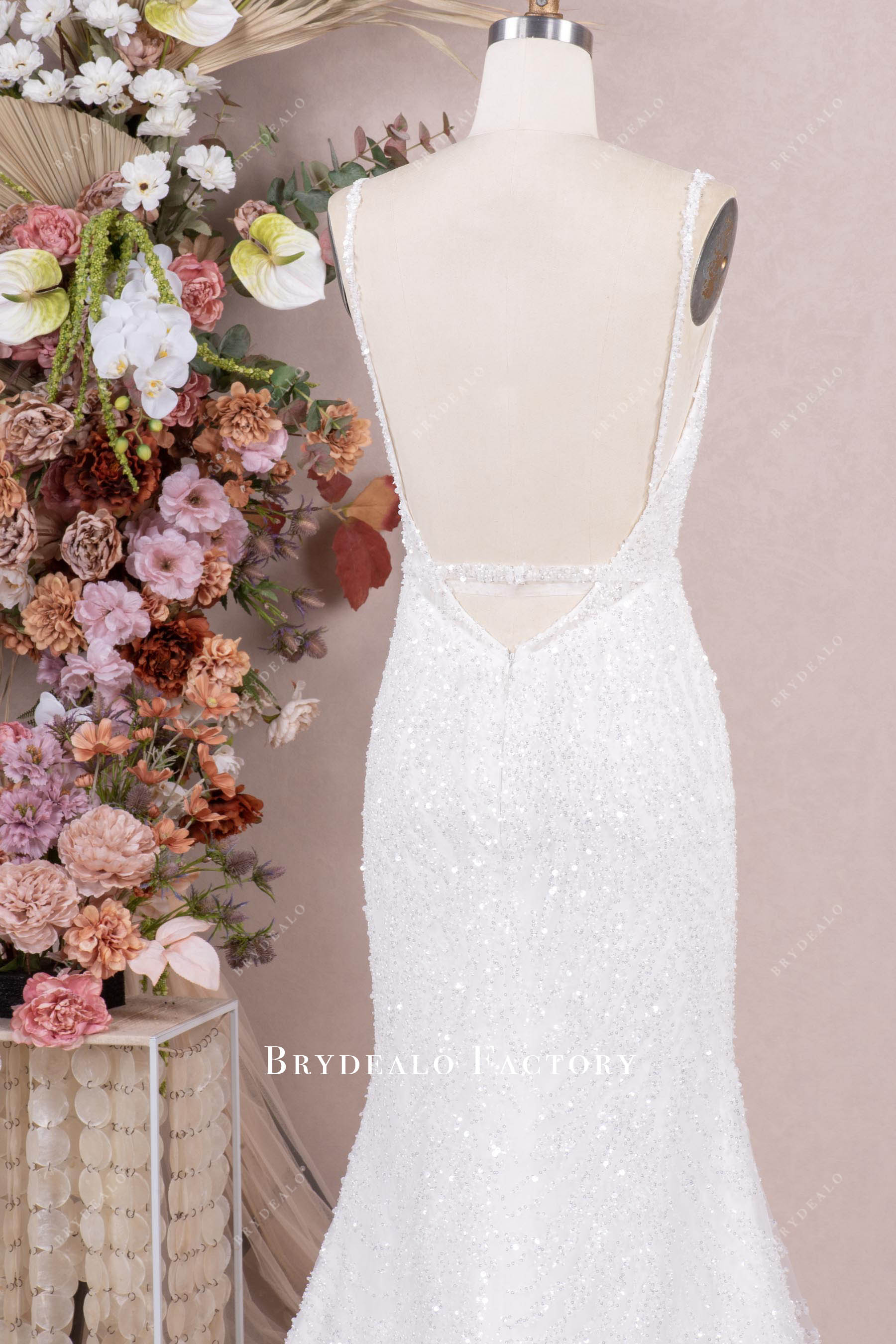 straps open V-back wedding dress