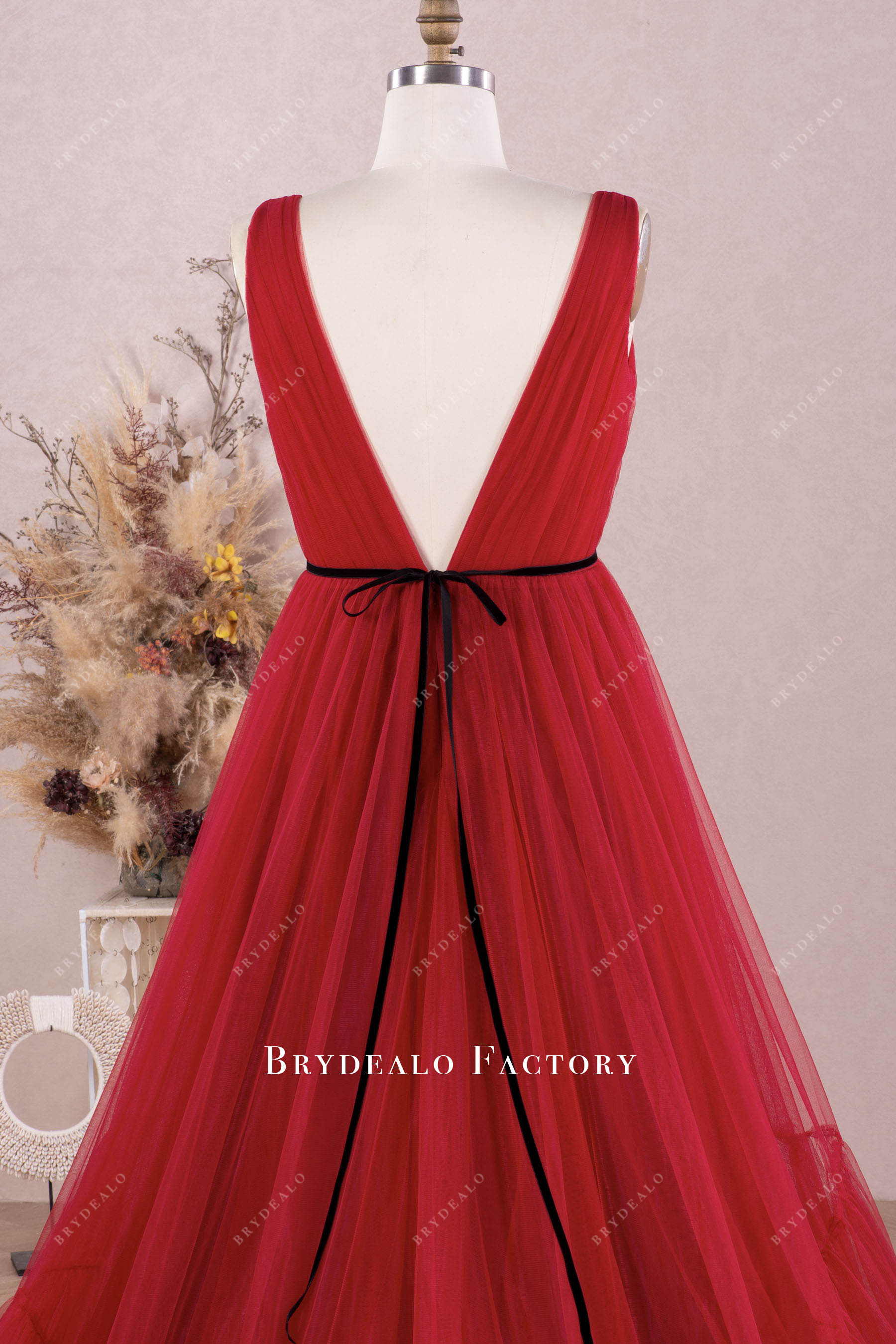 straps pleated tulle prom dress