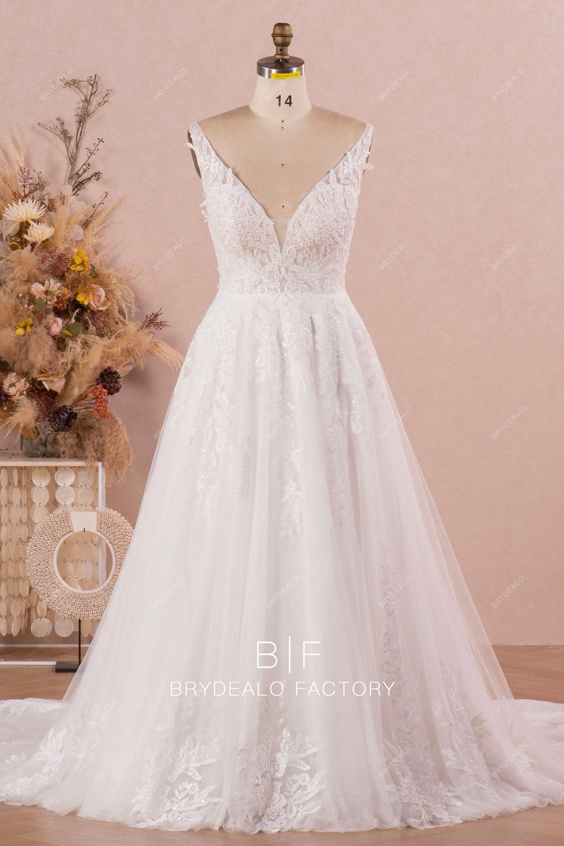 straps plunging Aline lace wedding dress