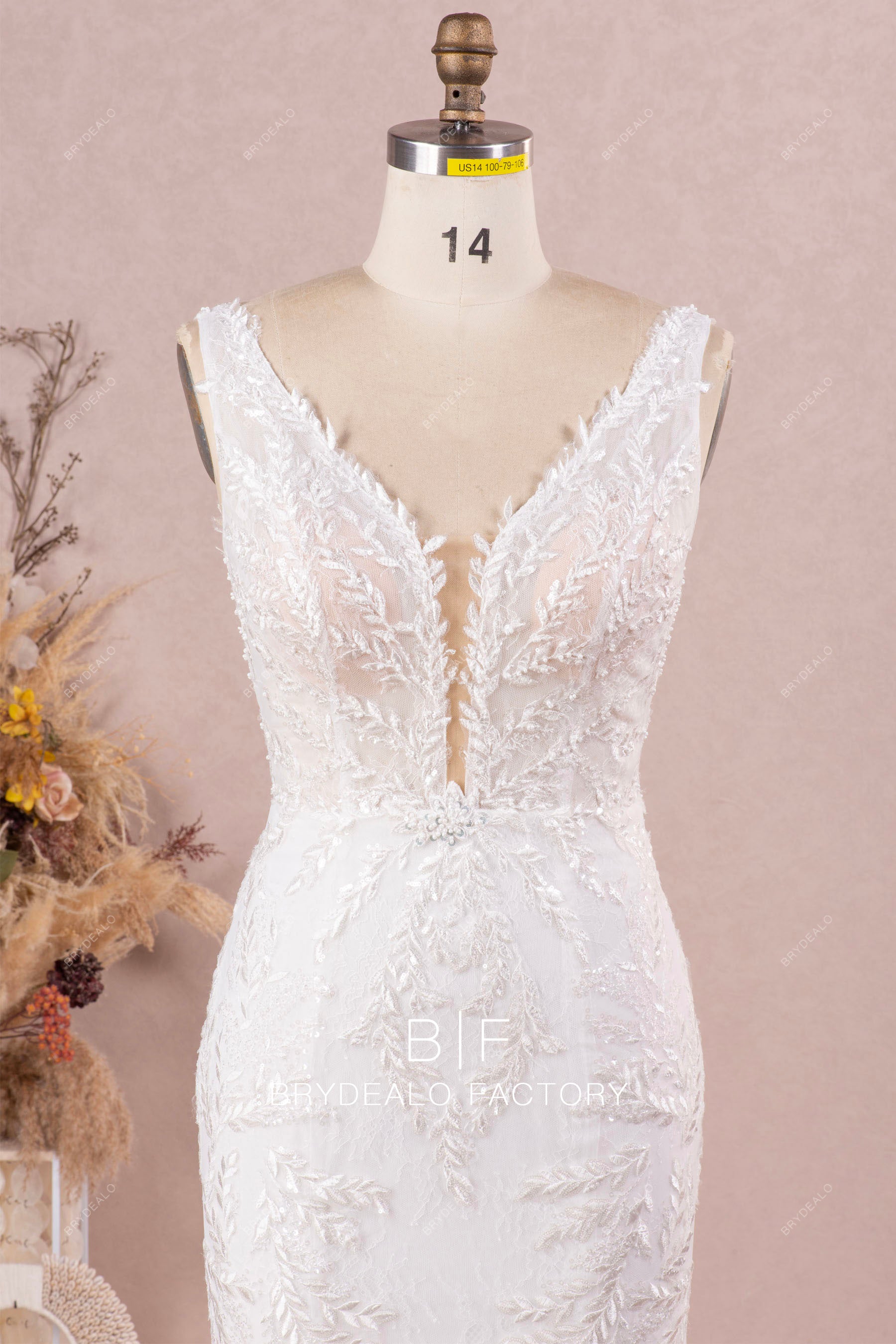 straps plunging lace wedding dress