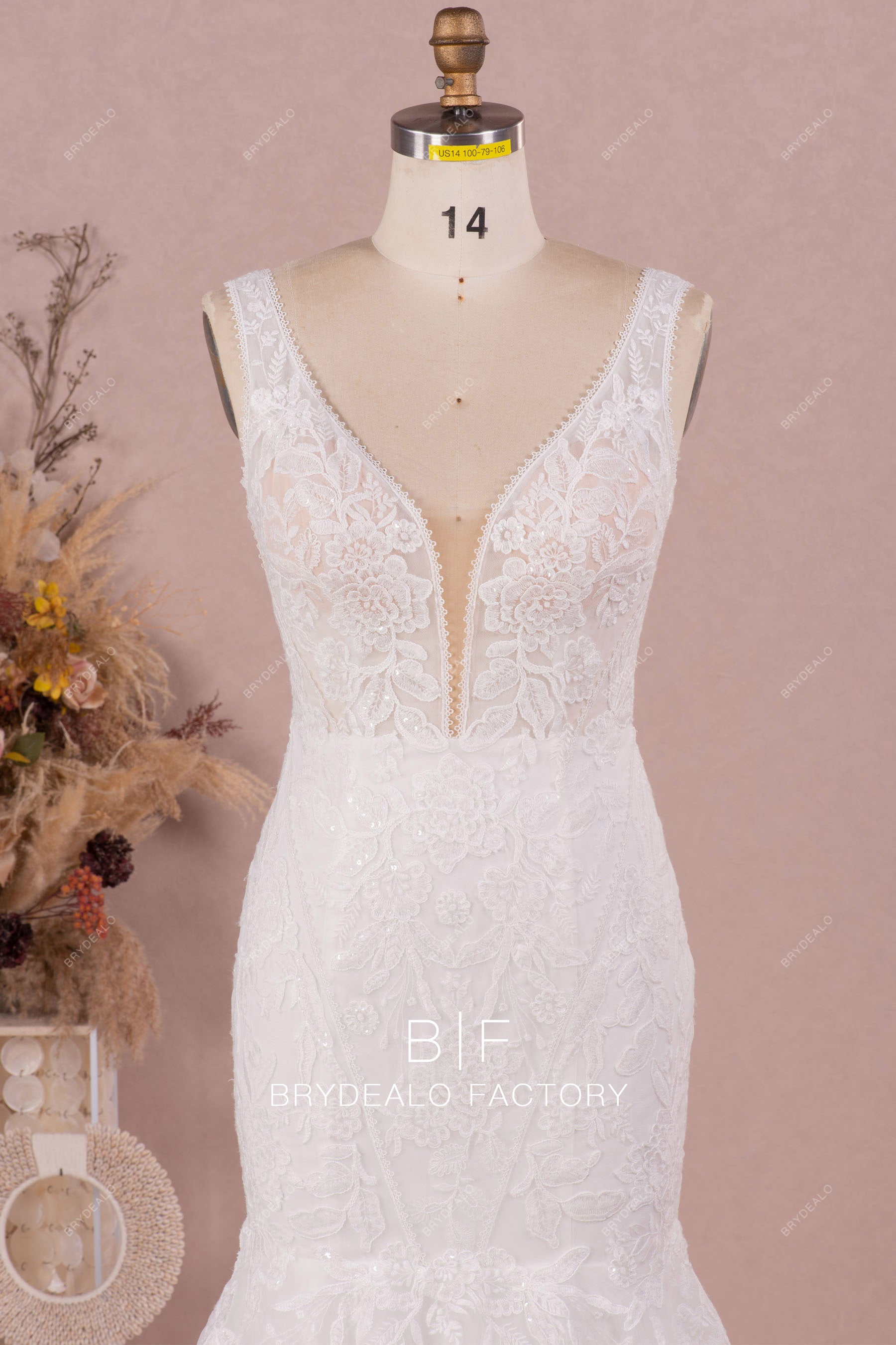 straps plunging lace wedding dress