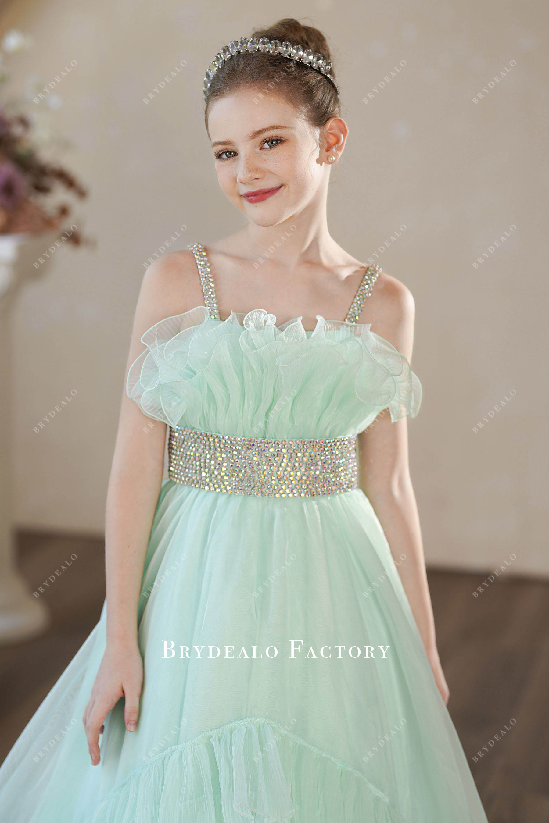 straps ruffled neck kids formal dress