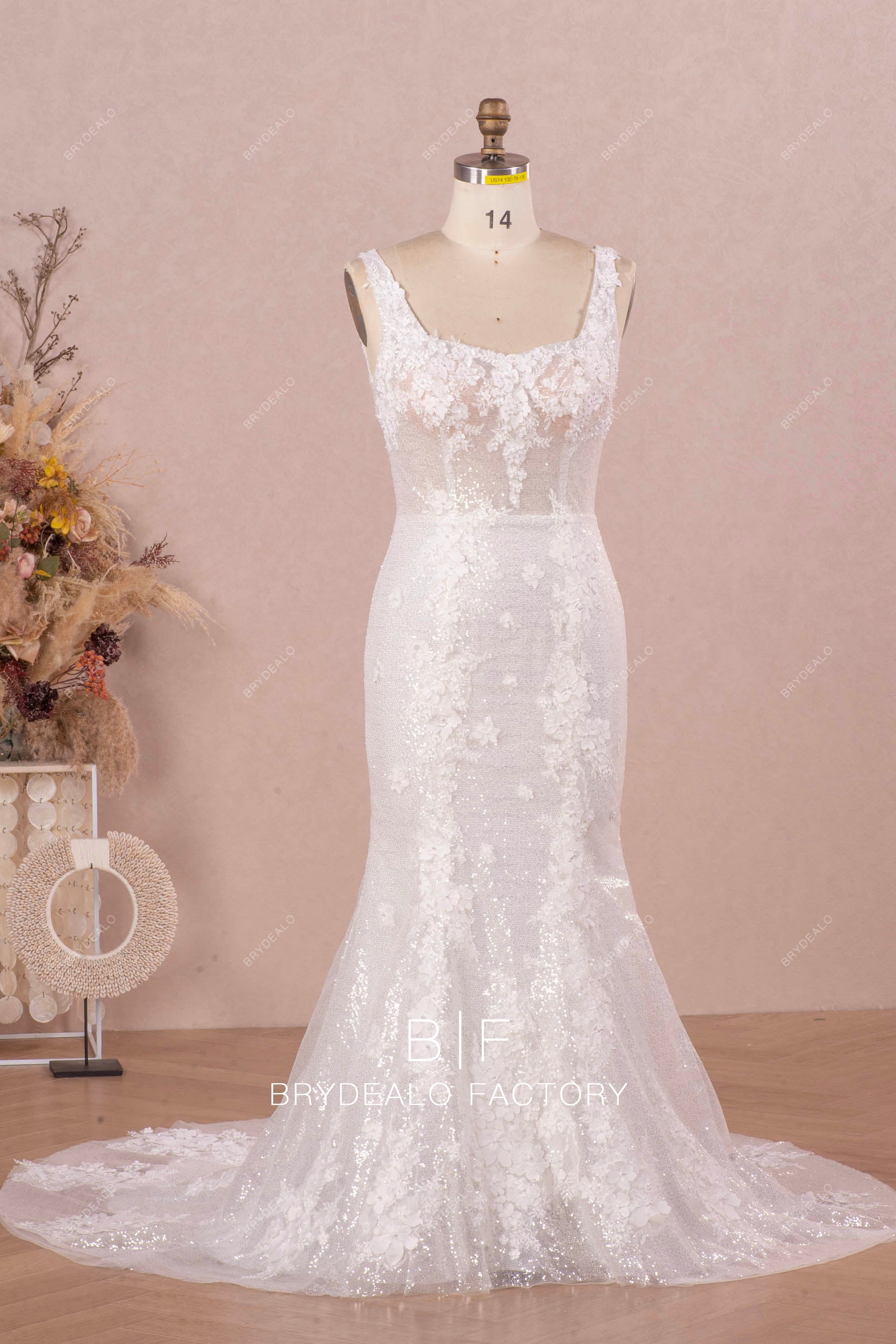 straps square neck flower mermaid bridal gown