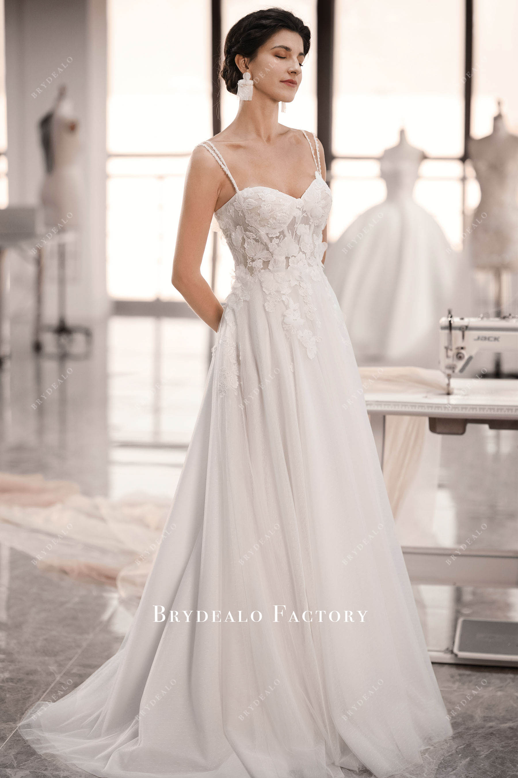 straps sweetheart neck flower wedding dress