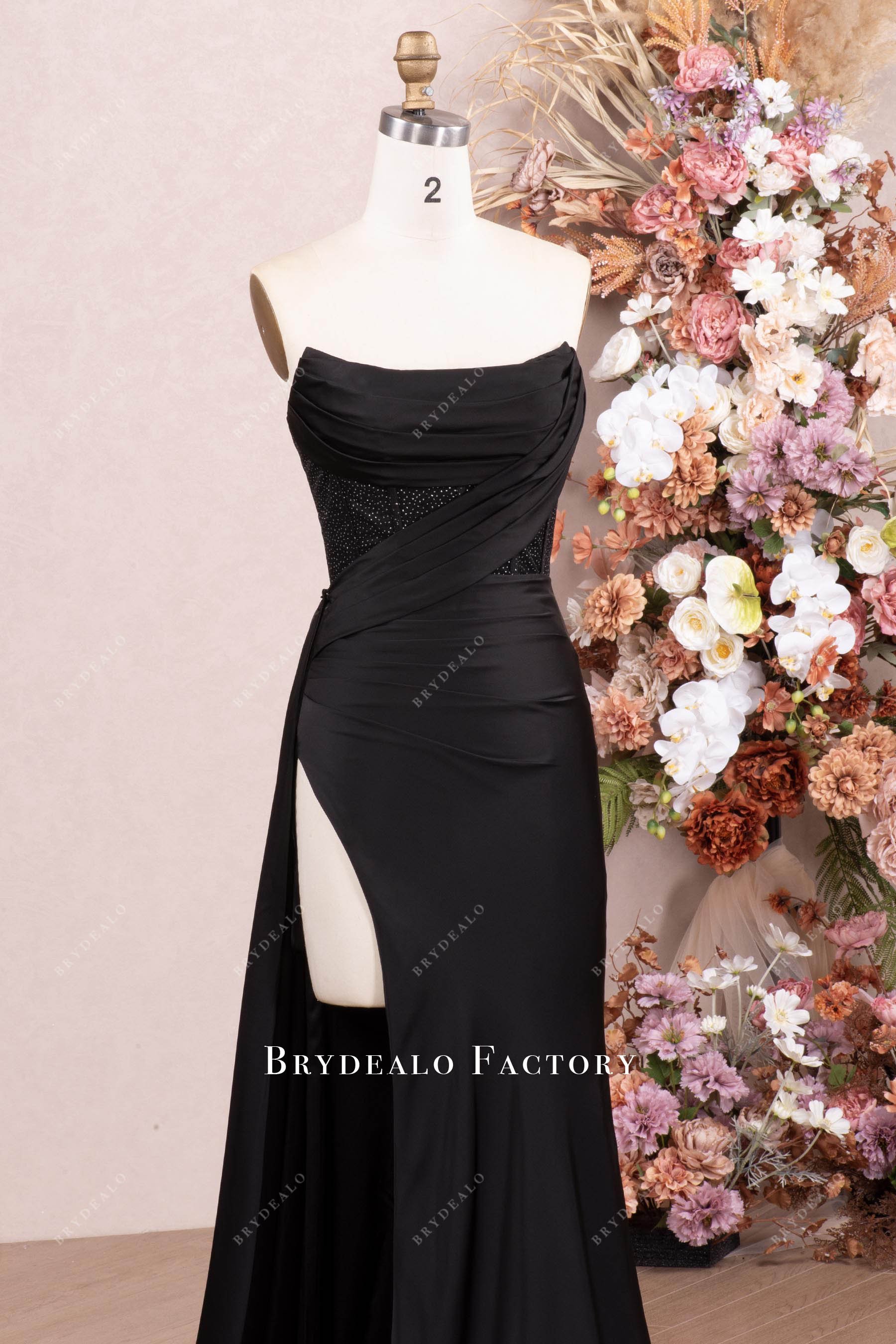strapless curve neck slit prom dress