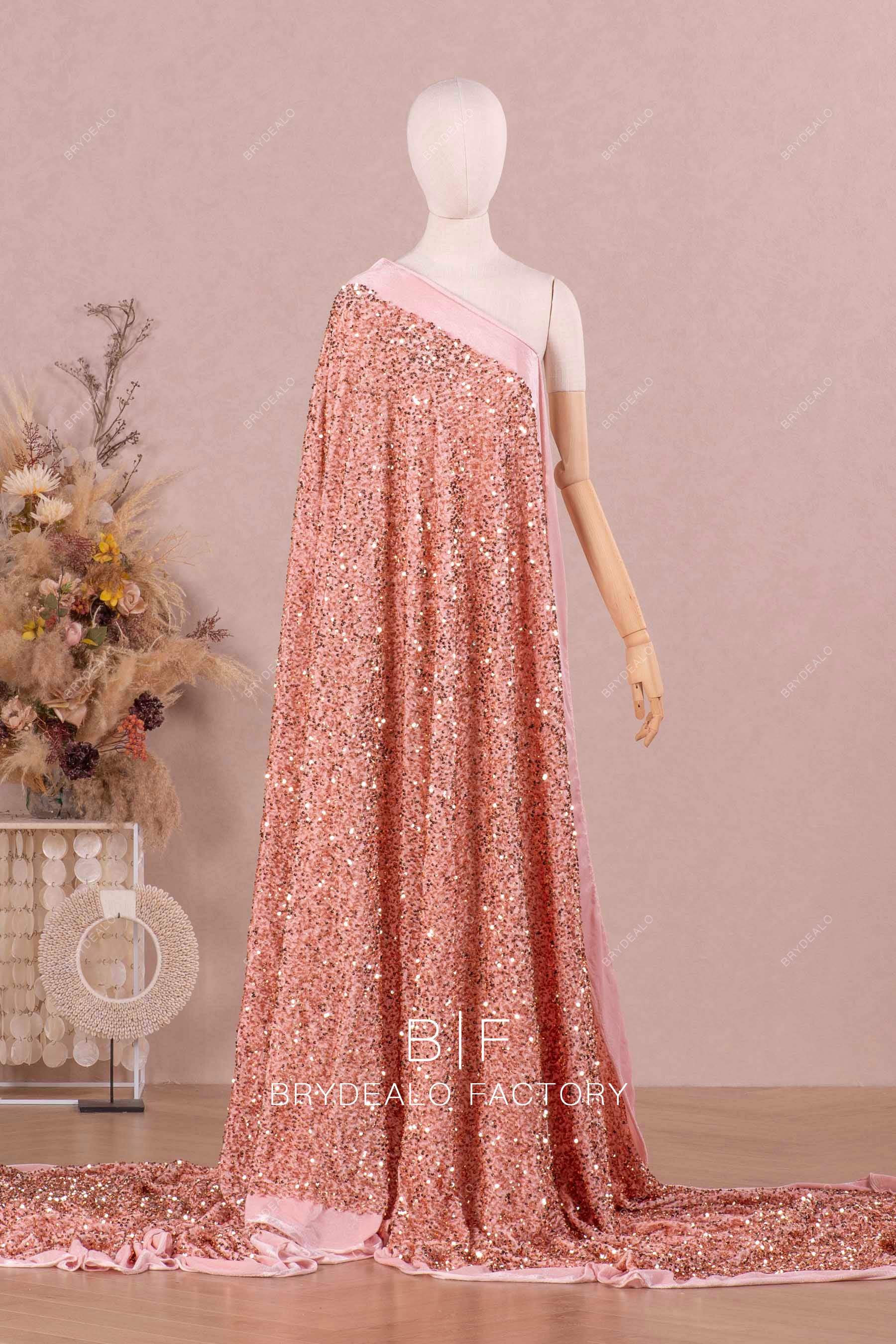 Champagne Gold Sequin Stretch Pink Velvet Fabric Champagne Gold Sequin Stretch Pink Velvet Fabric