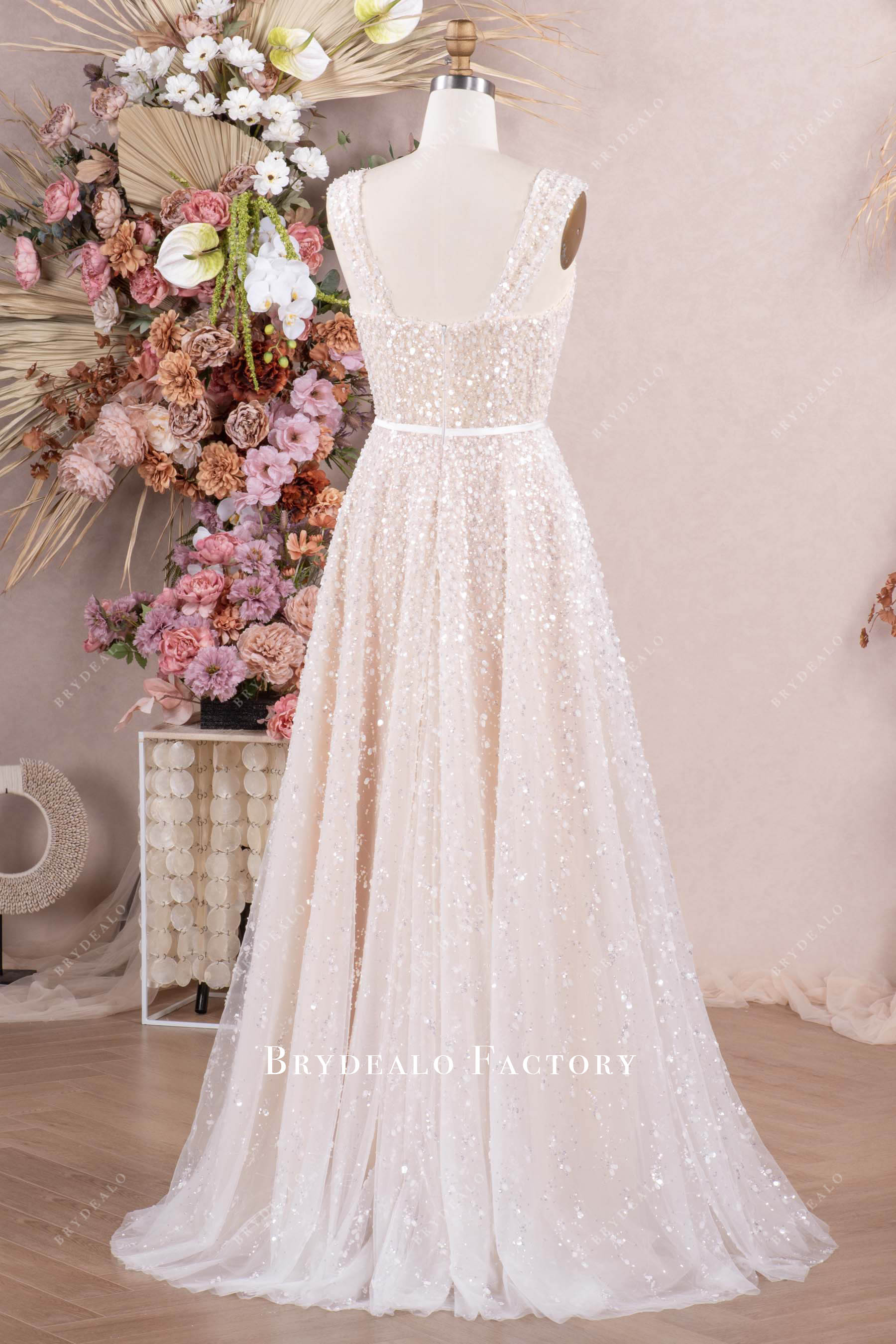 sweep train nude beige wedding dress