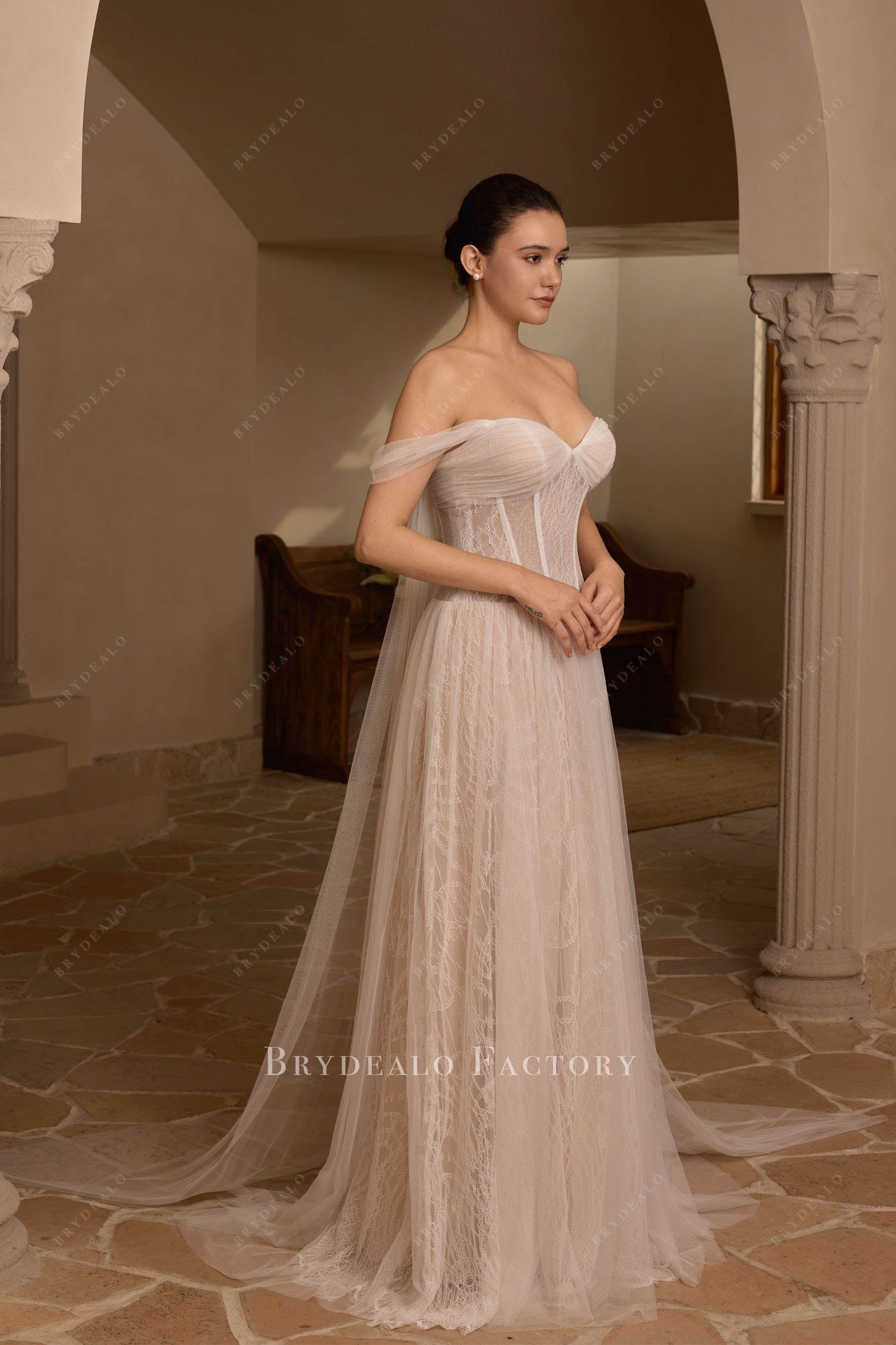 sweep train off-shoulder wedding dress