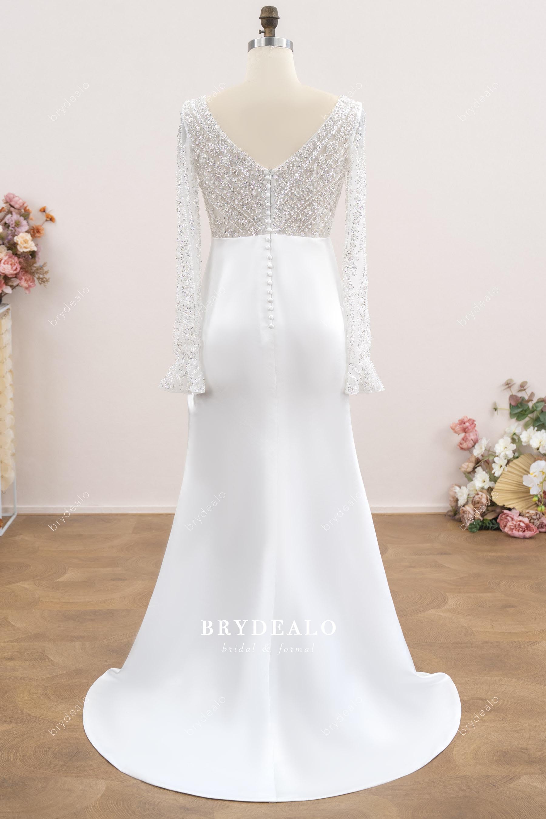 sweep train satin fit flare wedding dress