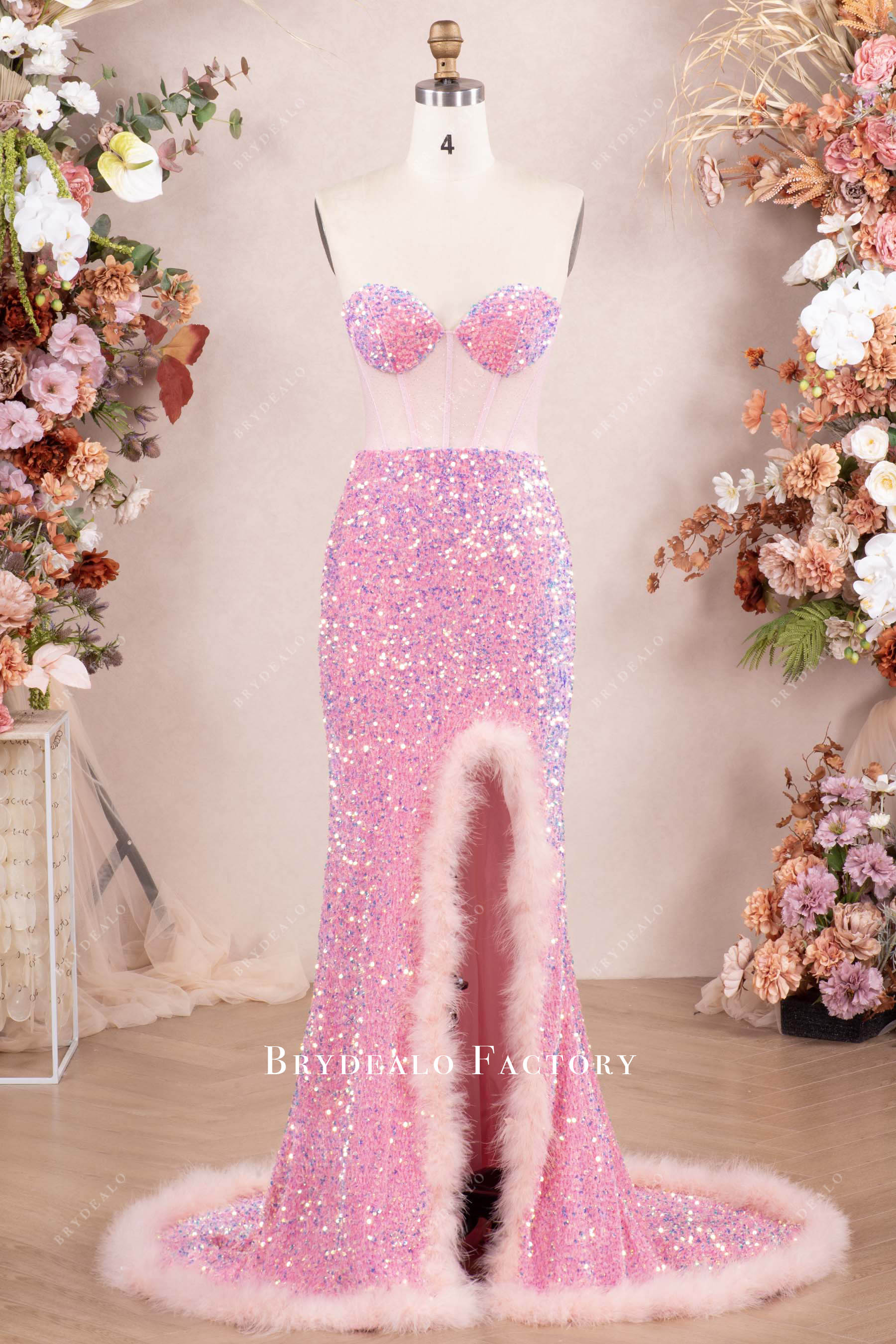 Sparkly Pink Corset High Slit Feather Prom Dress Sparkly Pink Corset High Slit Feather Prom Dress