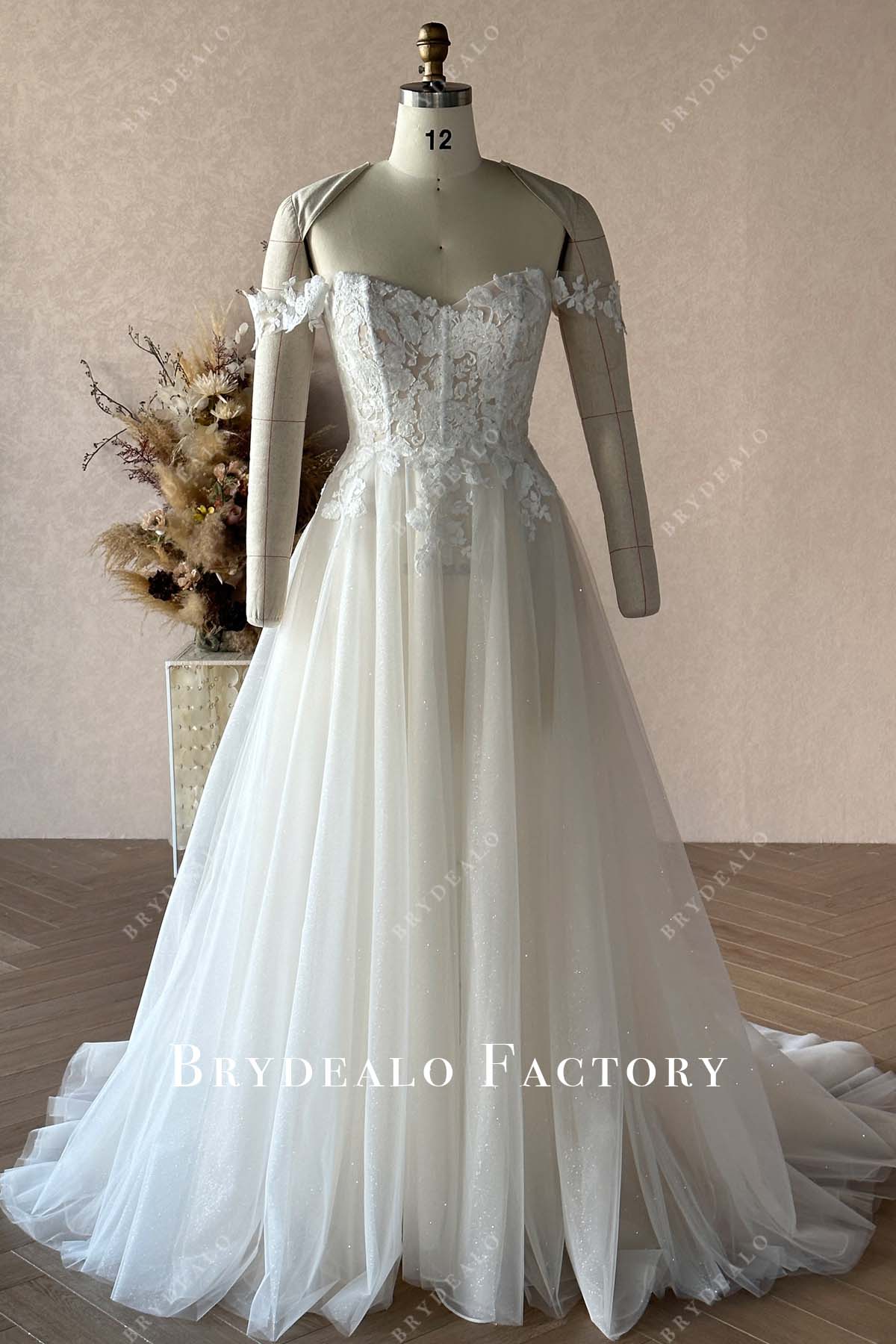 Private Label Custom Glitter Off Shoulder Lace Champagne A-line Wedding Dress Light Ivory