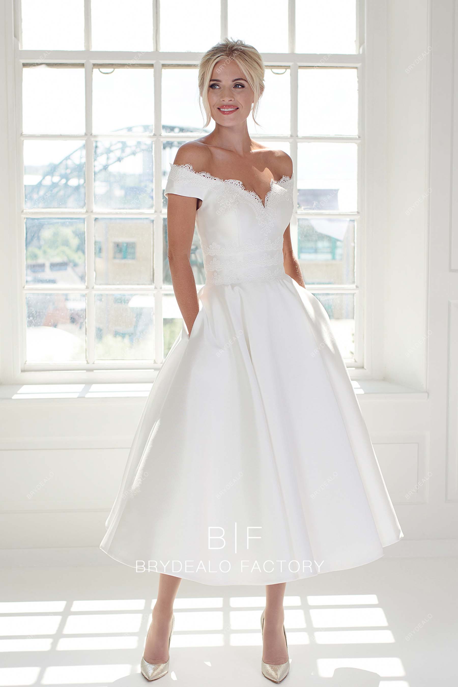 off shoulder pockets elegant tea length bridal dress