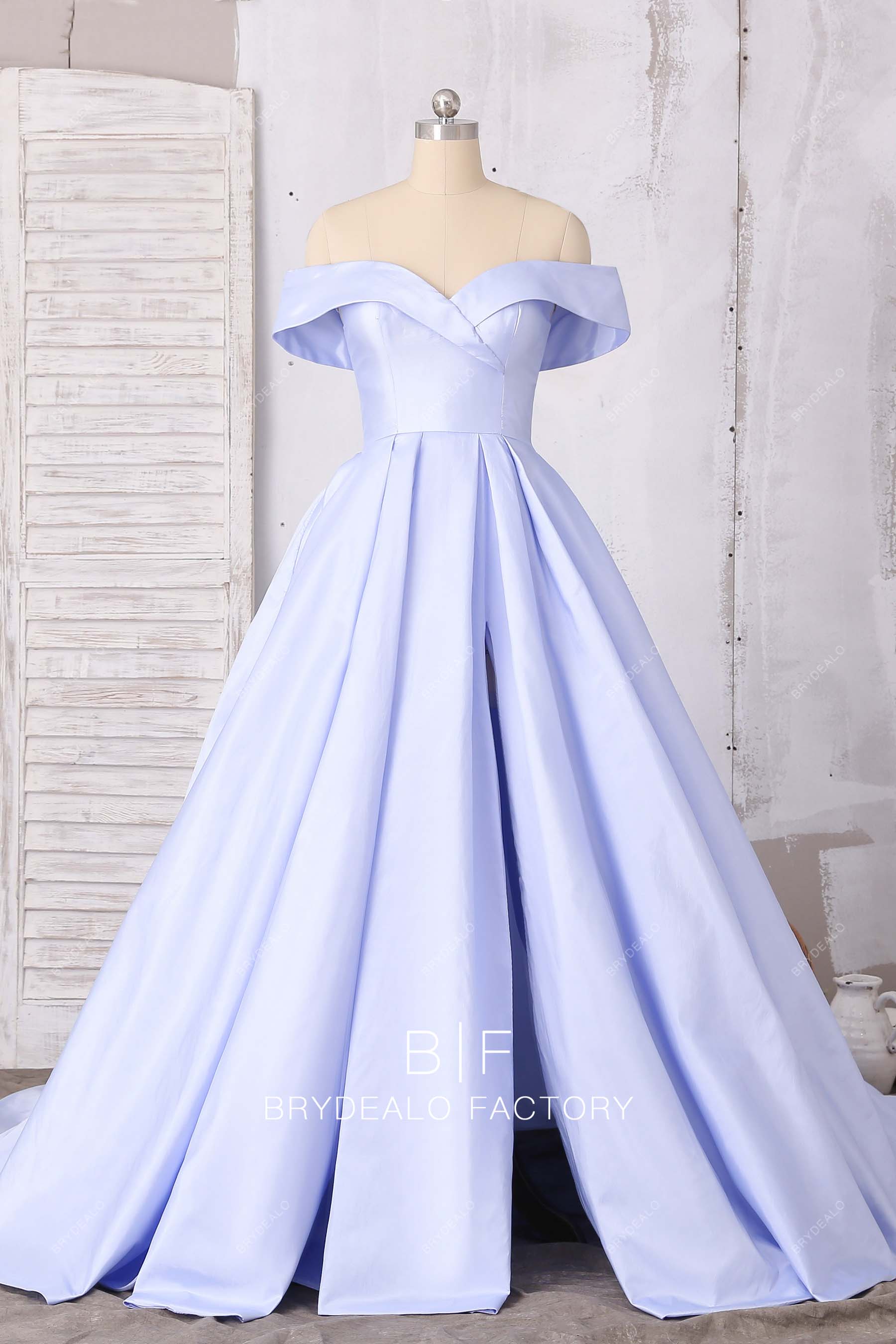 Lavender Satin Off Shoulder Sexy Leg Slit A-line Prom Dress