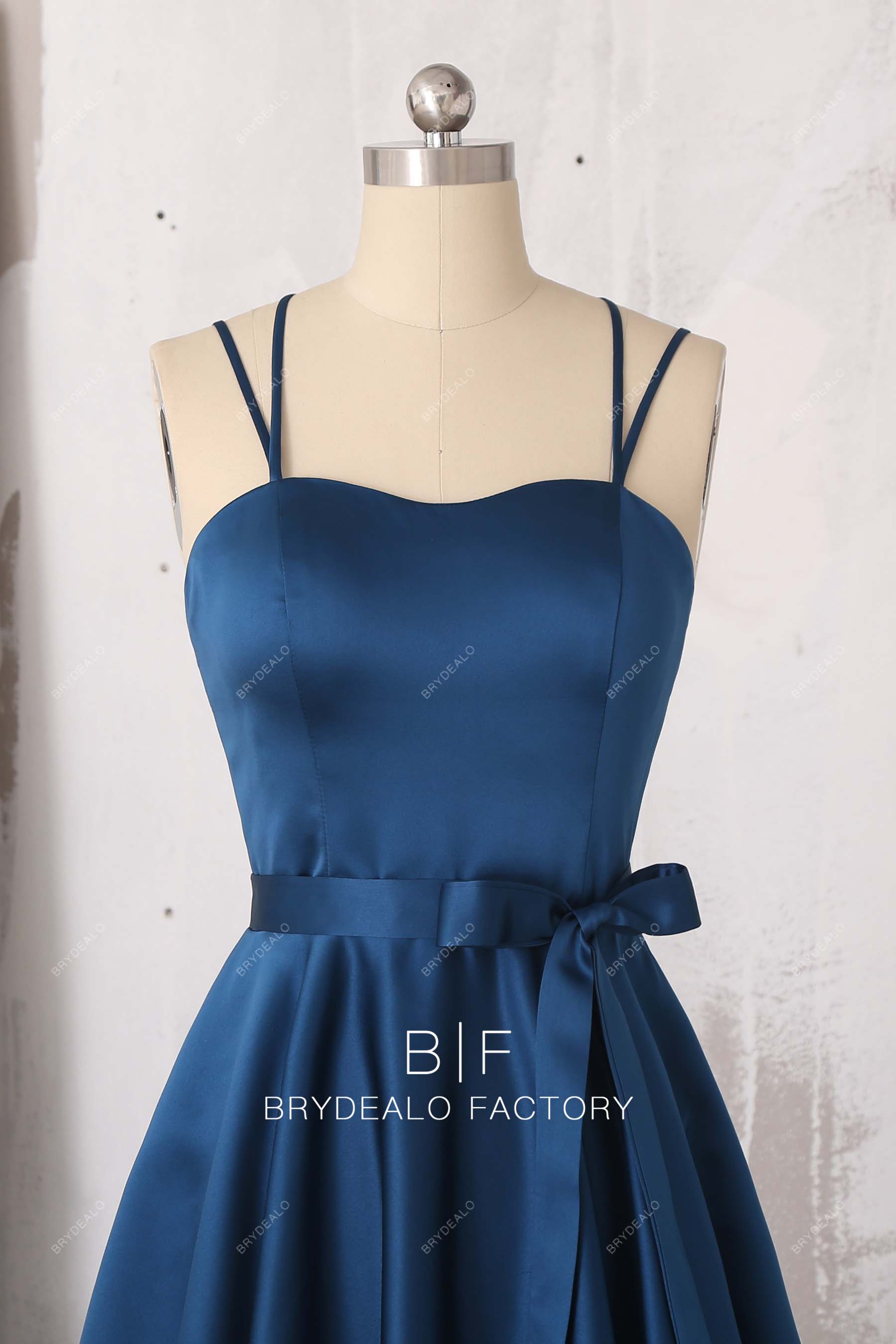 sweetheart neck ink blue satin prom dress