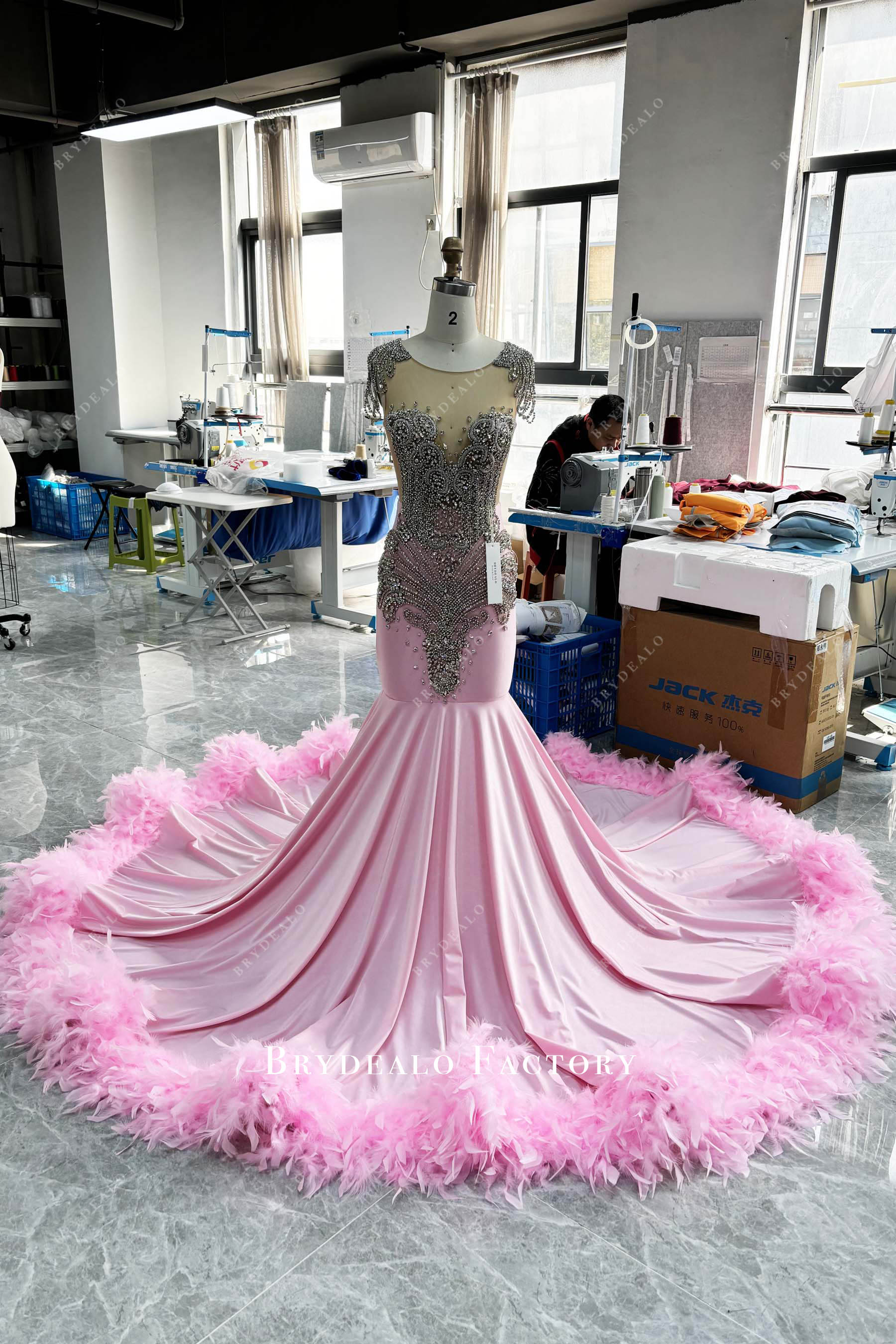 tailor-made jersey mermaid feather prom dress