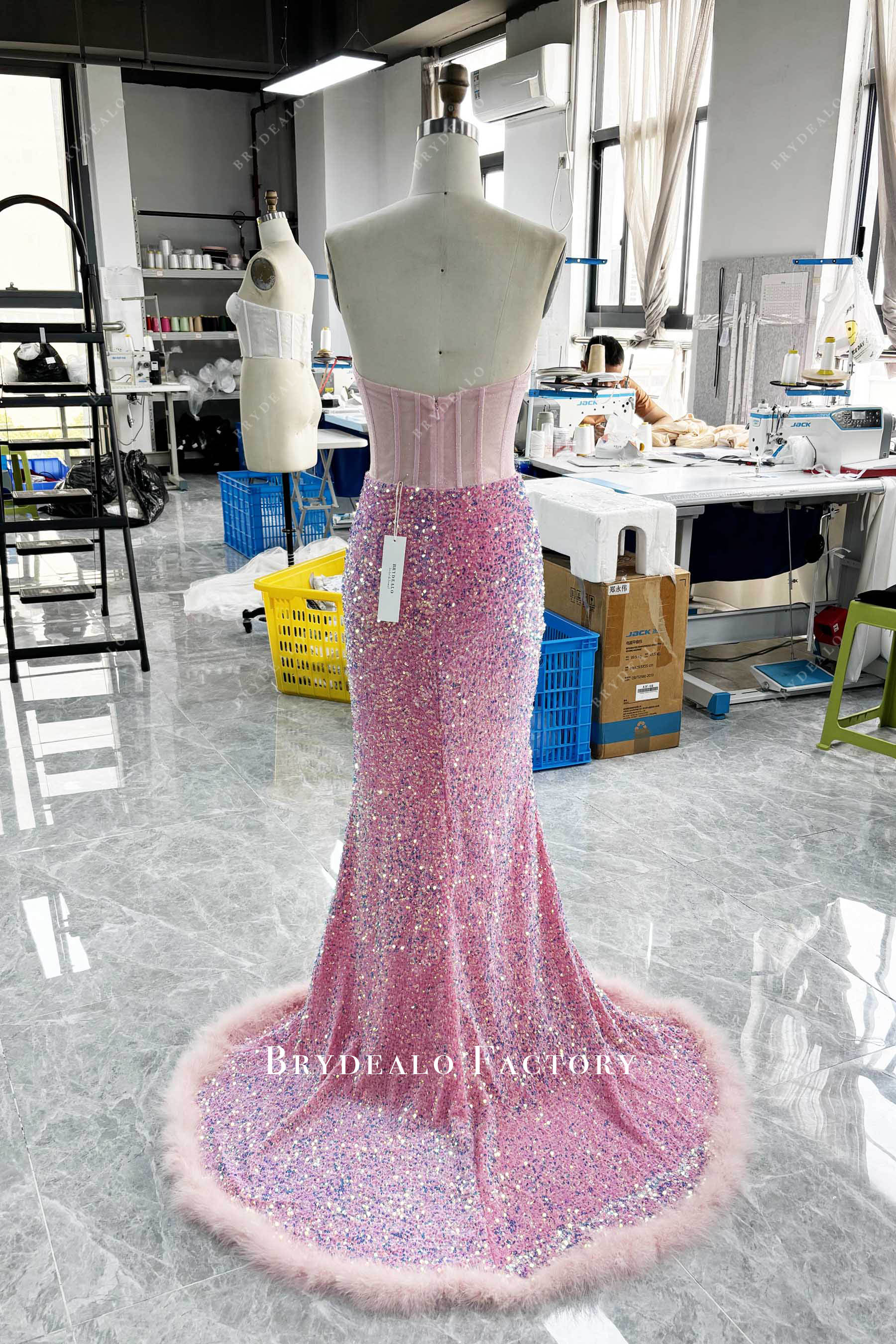 tailor-made sparkly pink feather prom dress