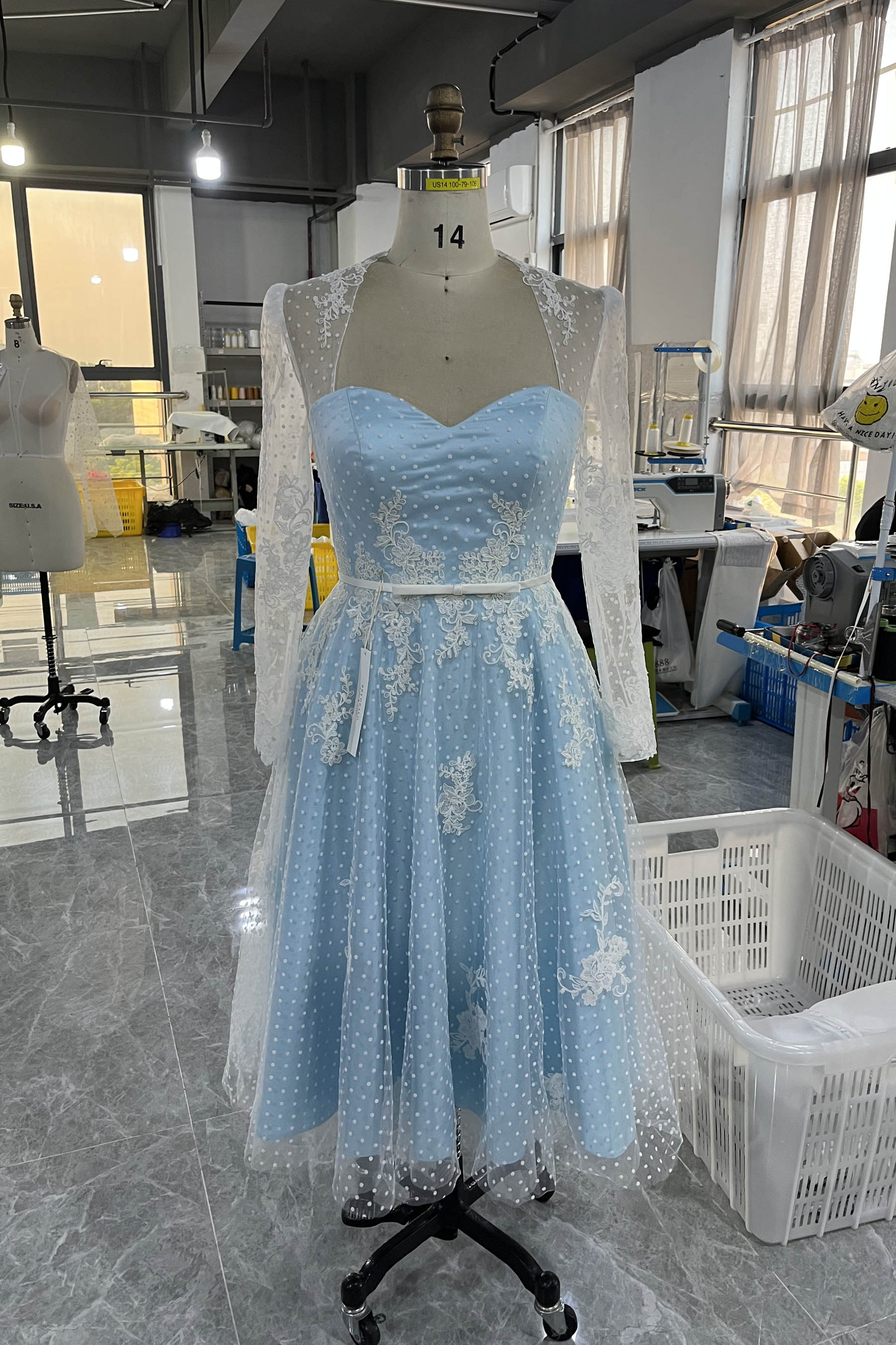 tailor-made tea length blue wedding dress