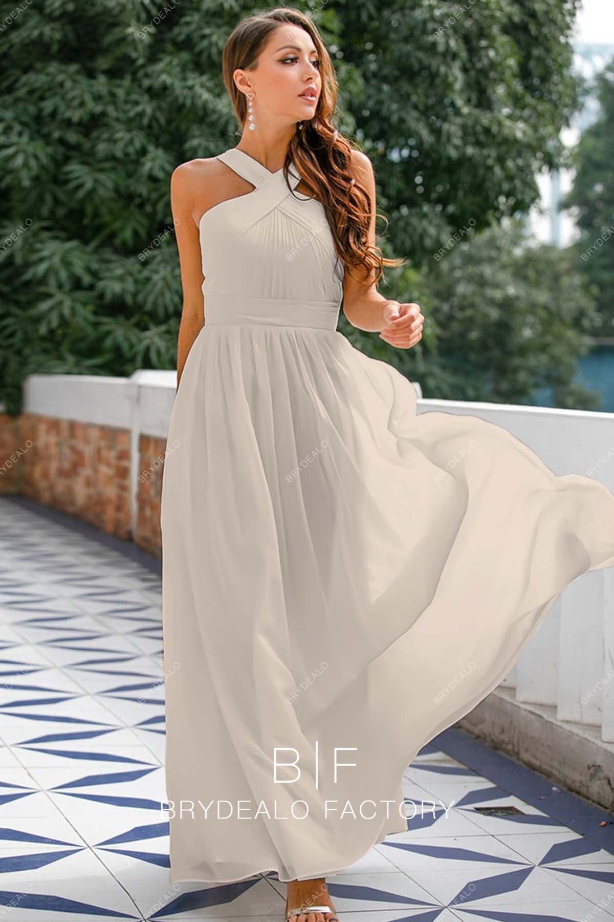 Taupe Ruched Halter Neck Floor Length Chiffon Bridesmaid Dress