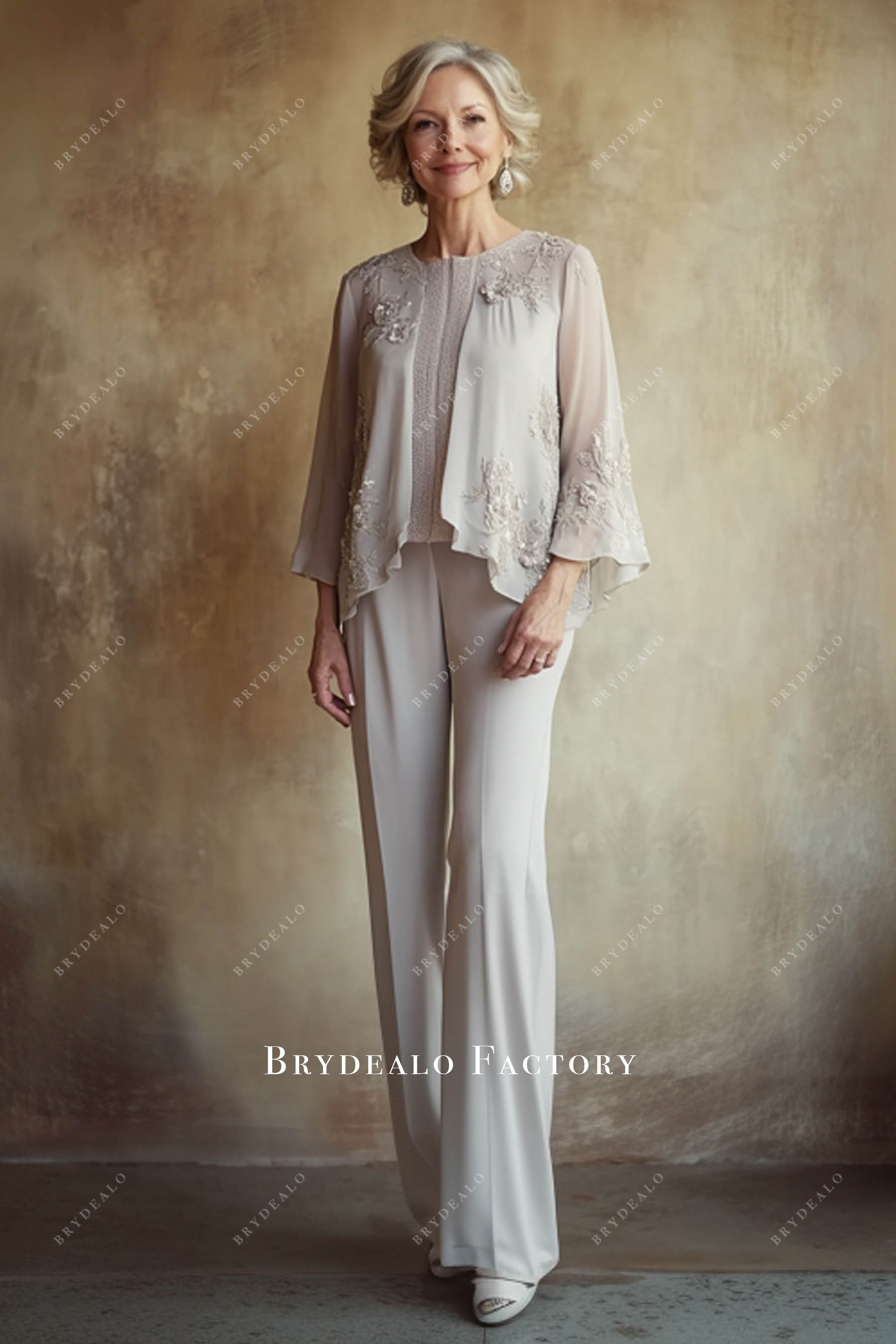 Taupe Flowy Chiffon Mother of Bride Blouse Pants