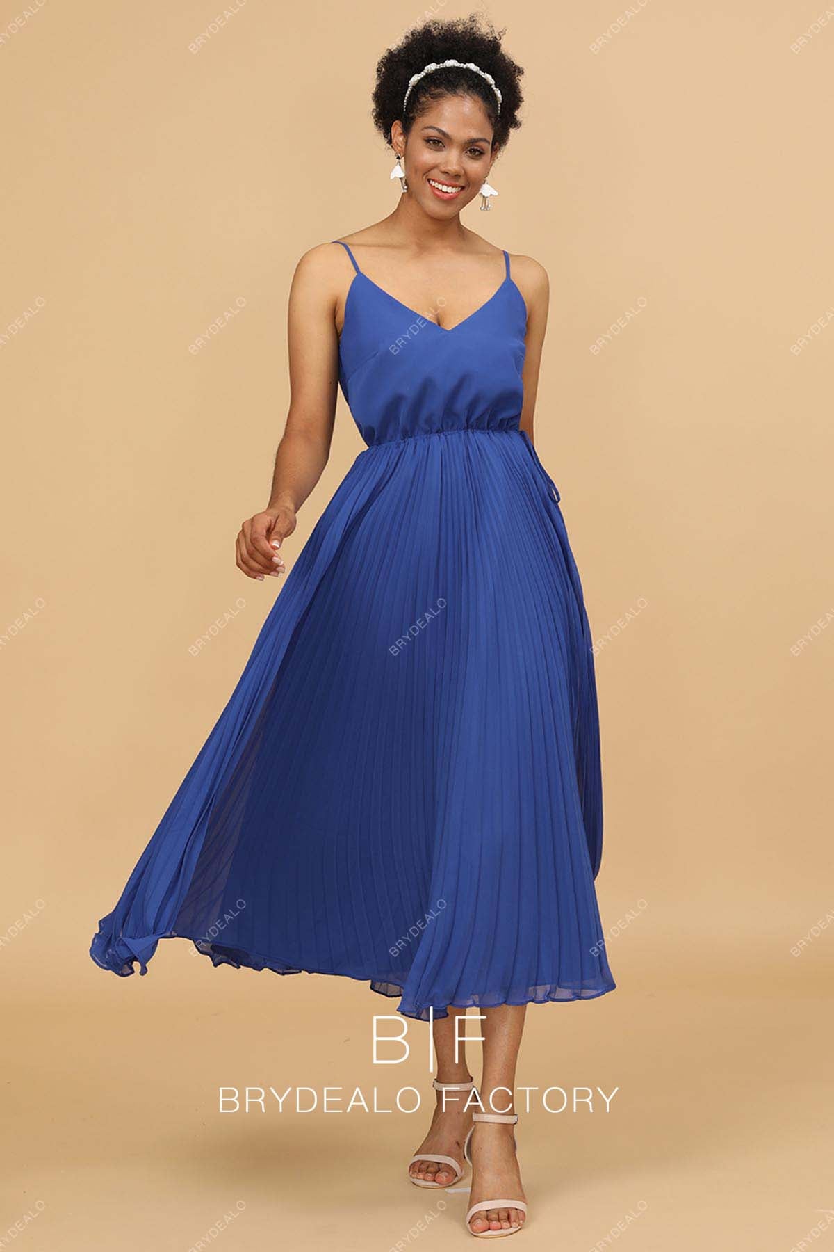 tea length pleated chiffon royal blue bridesmaid dress
